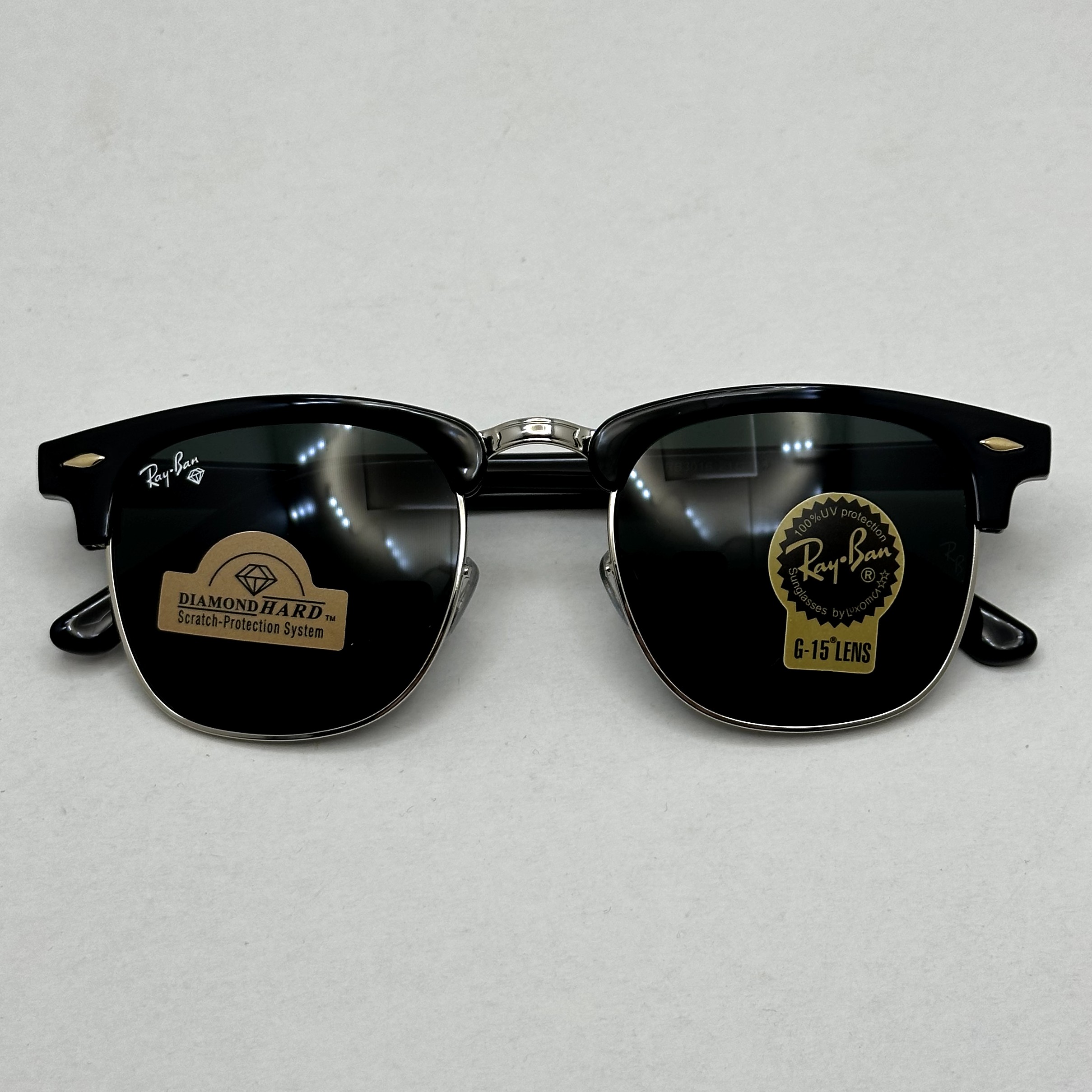 عینک آفتابی کلاب مستر ریبن rayban شیشه سنگ مشکی فریم نقره ای به همراه پک کامل RB 3016