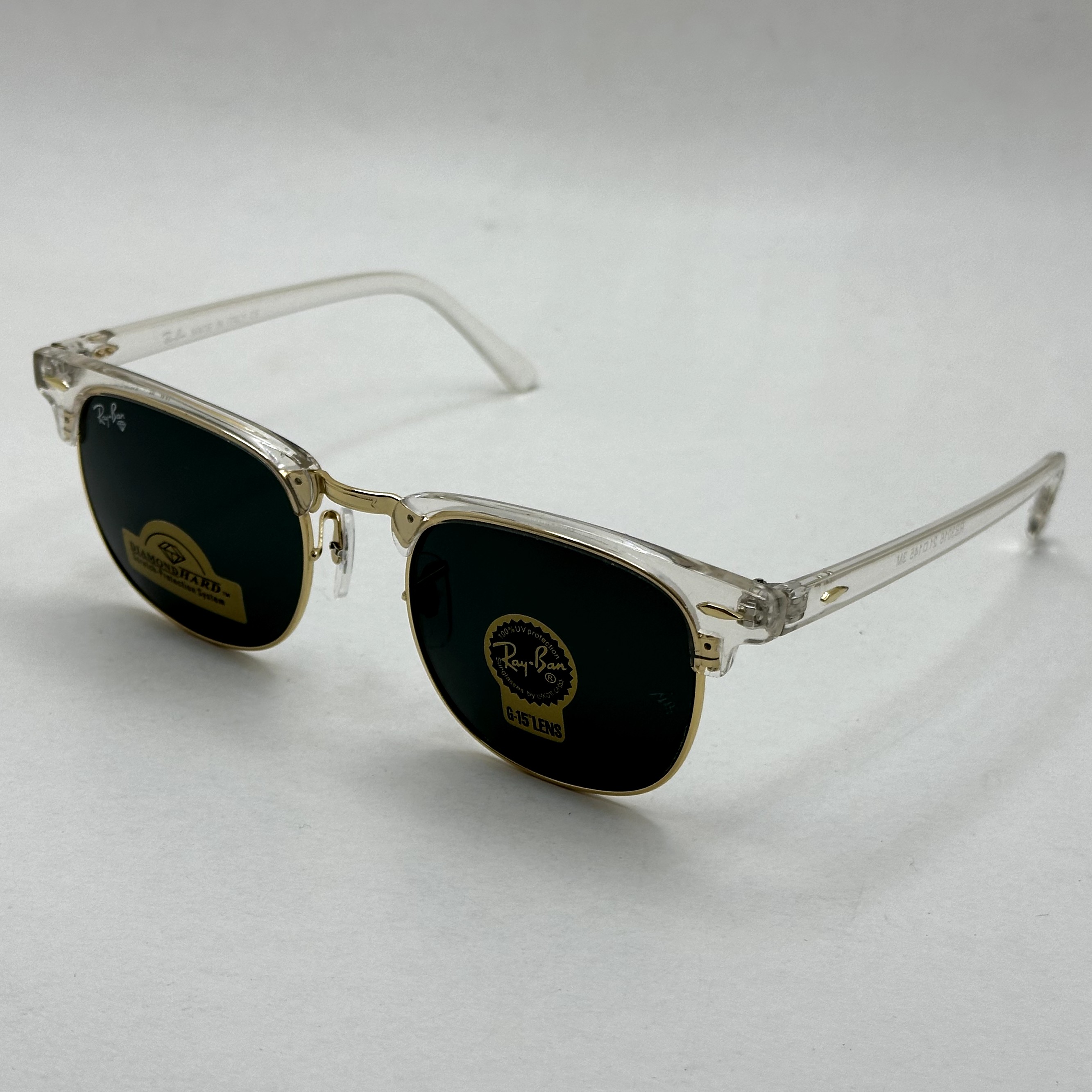عینک آفتابی کلاب مستر ریبن rayban شیشه سنگ مشکی فریم شفاف به همراه پک کامل RB 3016