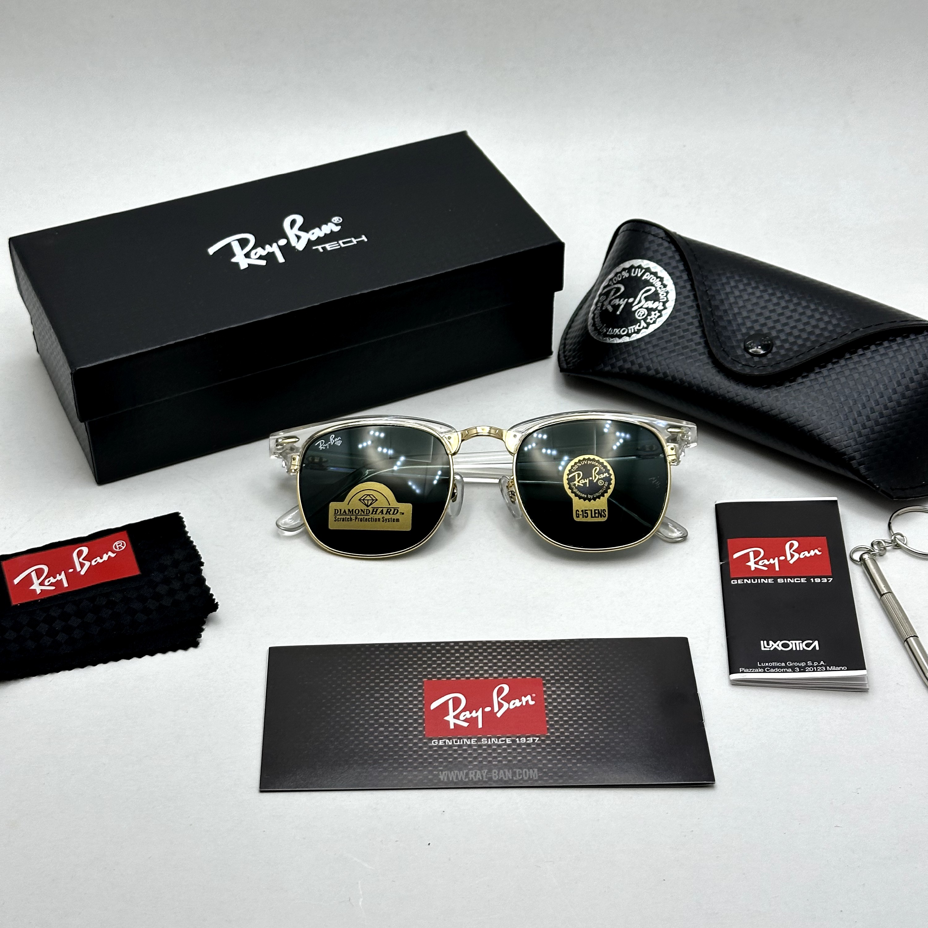 عینک آفتابی کلاب مستر ریبن rayban شیشه سنگ مشکی فریم شفاف به همراه پک کامل RB 3016