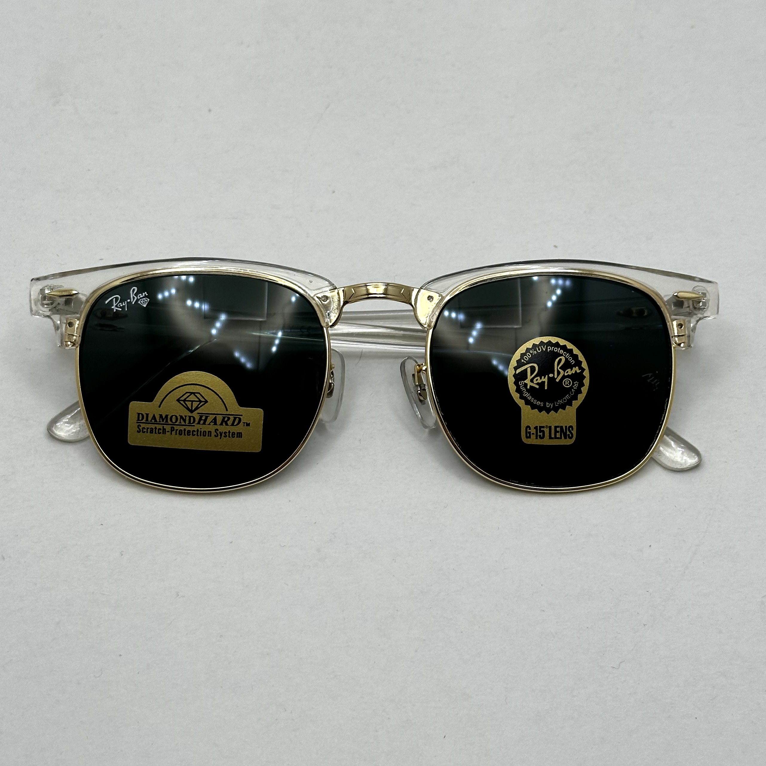 عینک آفتابی کلاب مستر ریبن rayban شیشه سنگ مشکی فریم شفاف به همراه پک کامل RB 3016