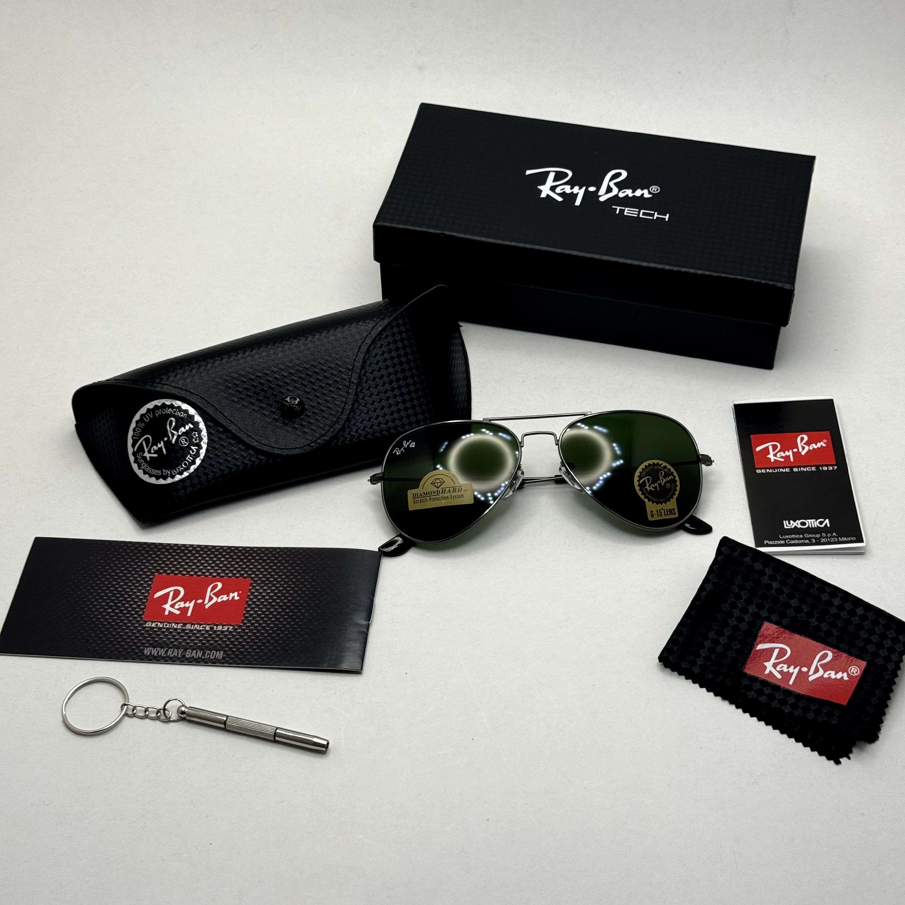 عینک ریبن خلبانی شیشه سنگ فریم نوک مدادی عدسی سبز آمریکایی آنتی رفلکس REYBAN AVIATOR RB 3025 با پک کامل (ارسال رایگان)