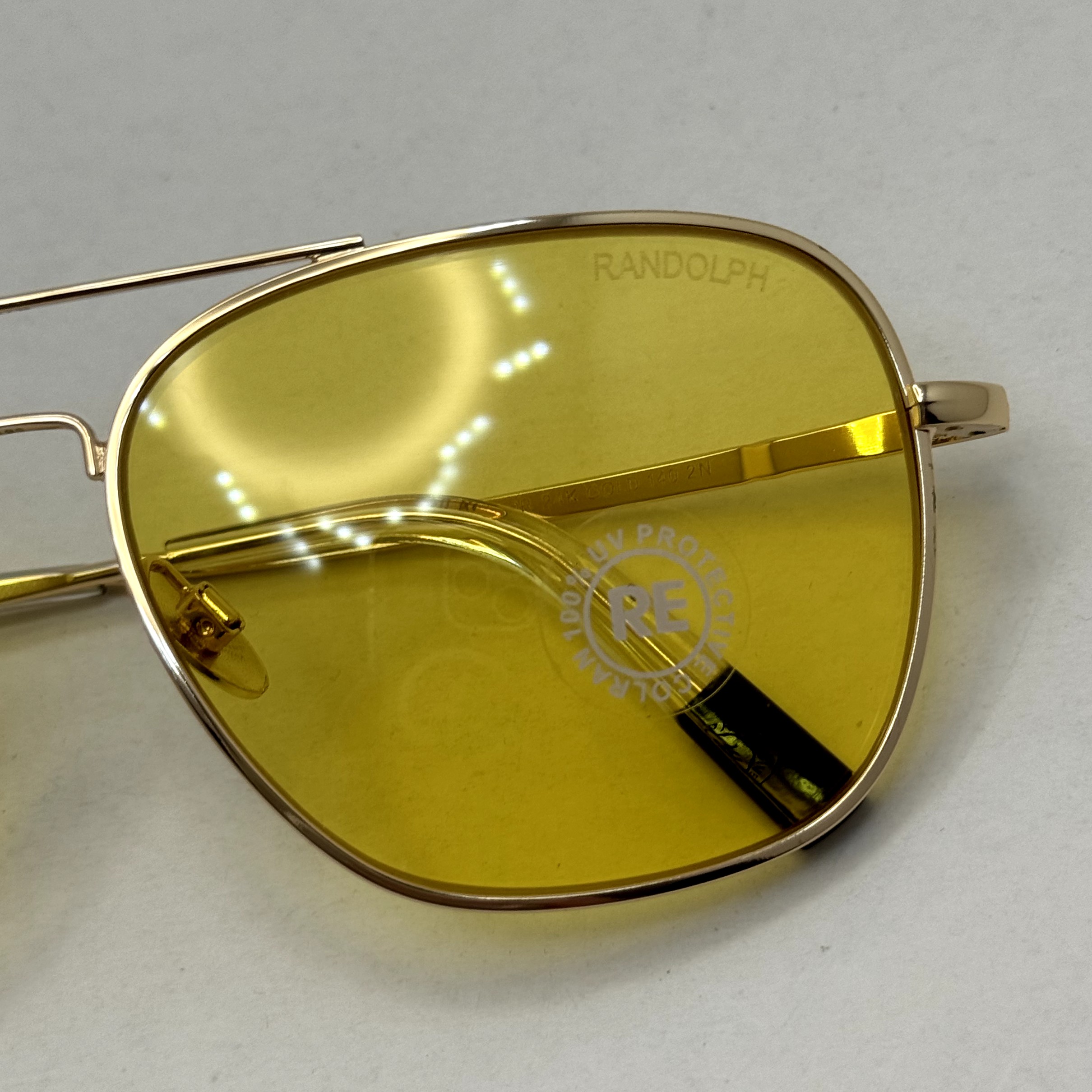عینک آفتابی و شب خلبانی رندولف شیشه سنگ زرد فریم طلایی فول پک اصلی RANDOLPH AVIATOR RE 58 24K GOLD (ارسال رایگان)