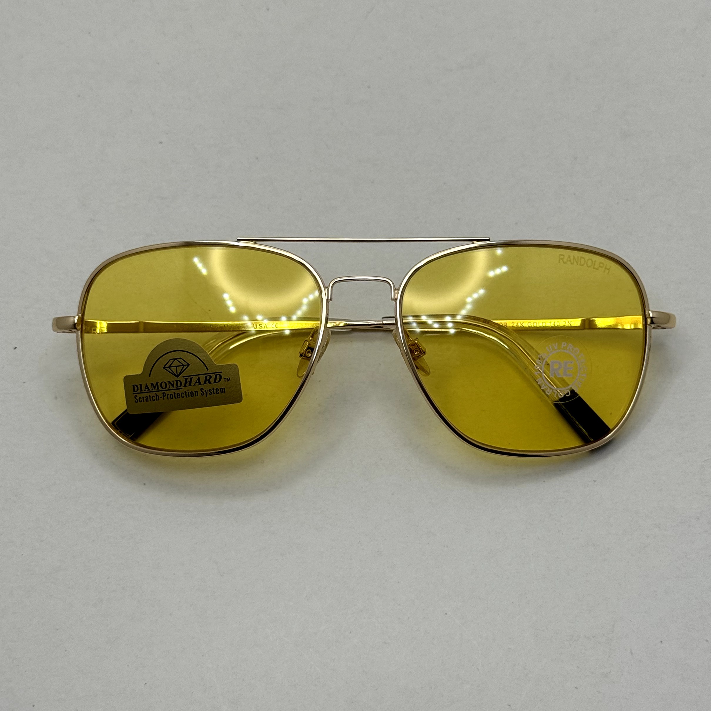 عینک آفتابی و شب خلبانی رندولف شیشه سنگ زرد فریم طلایی فول پک اصلی RANDOLPH AVIATOR RE 58 24K GOLD (ارسال رایگان)