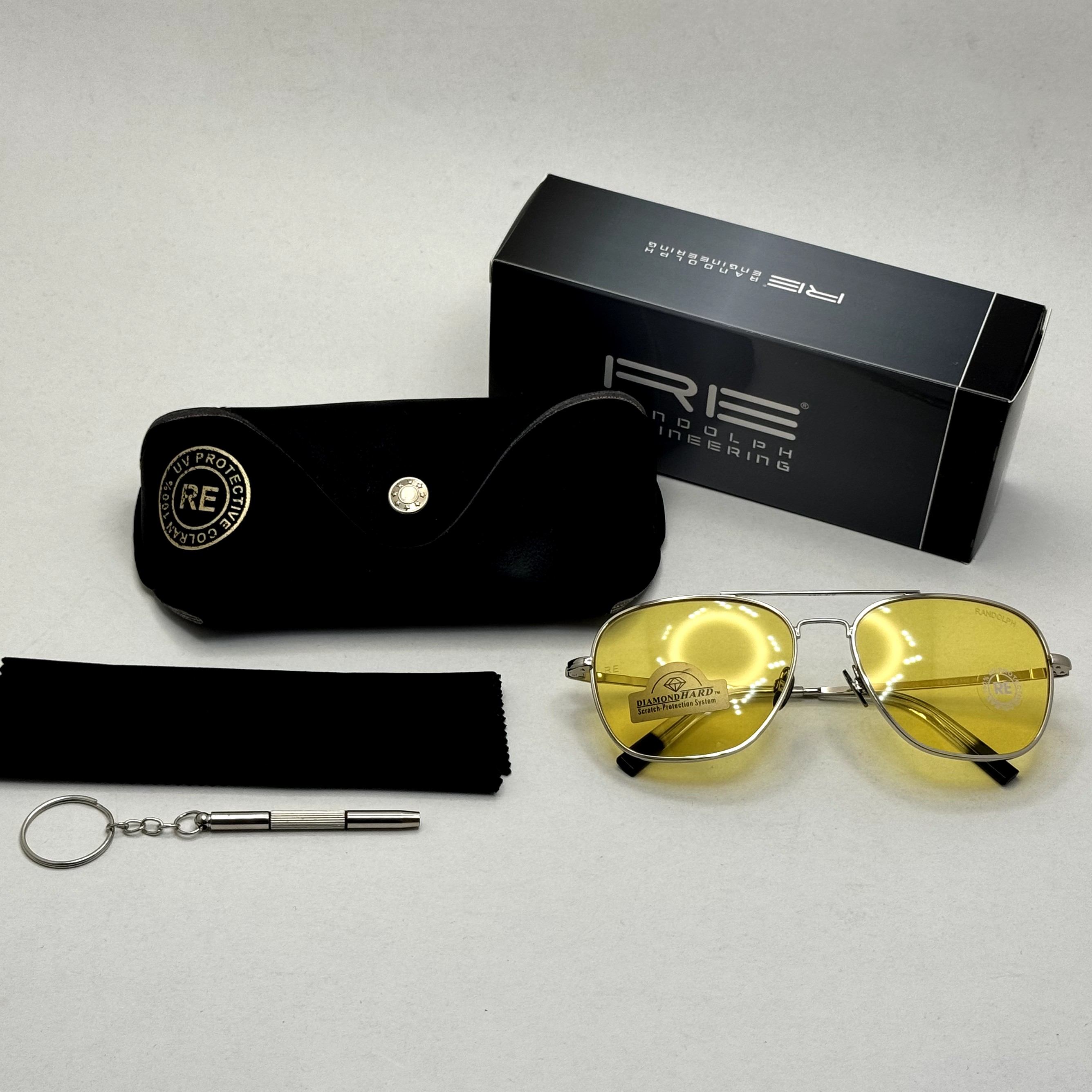 عینک آفتابی و شب خلبانی رندولف شیشه سنگ زرد فریم نقره ای فول پک اصلی RANDOLPH AVIATOR RE 58 24K WHITE GOLD (ارسال