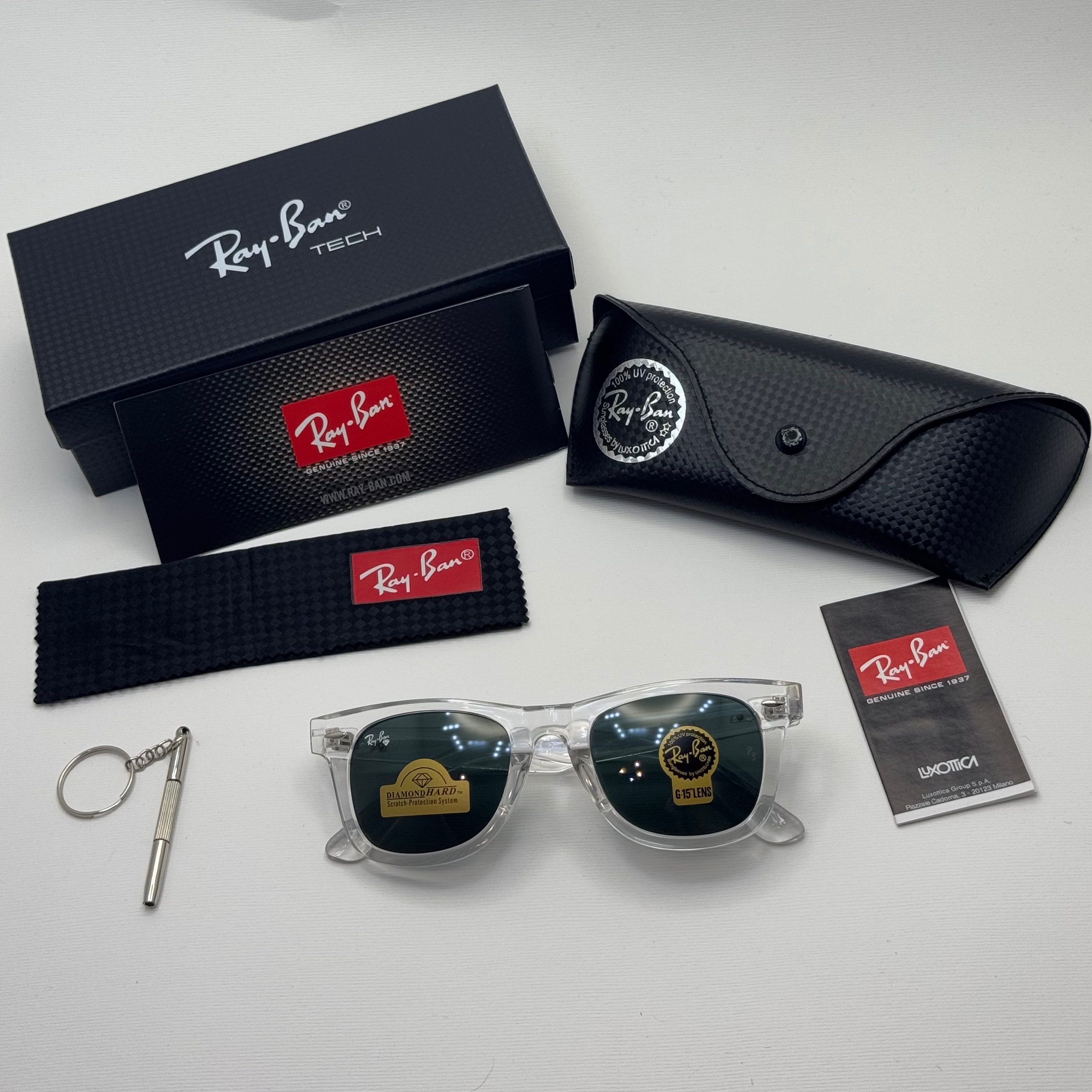 عینک ویفرر ریبن Rayban WAYFARER شفاف شیشه سنگ نشکن زد خش با پک کامل (ارسال رایگان)