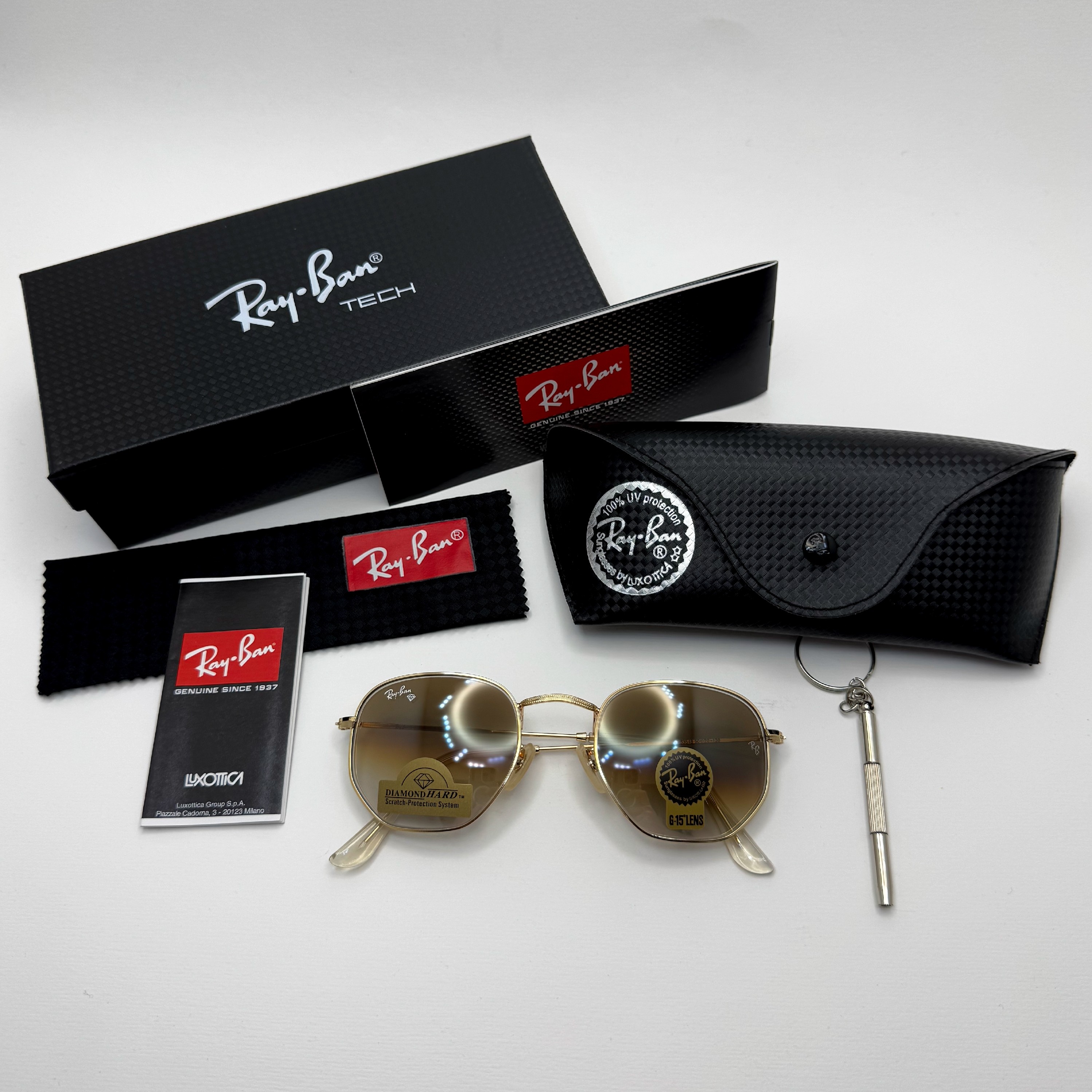 عینک ریبن شیشه سنگ هگزونال قهوه ای هایلایت آنتی رفلکس به همراه پک کامل ریبن کد Rayban RB 3548 (ارسال رایگان)