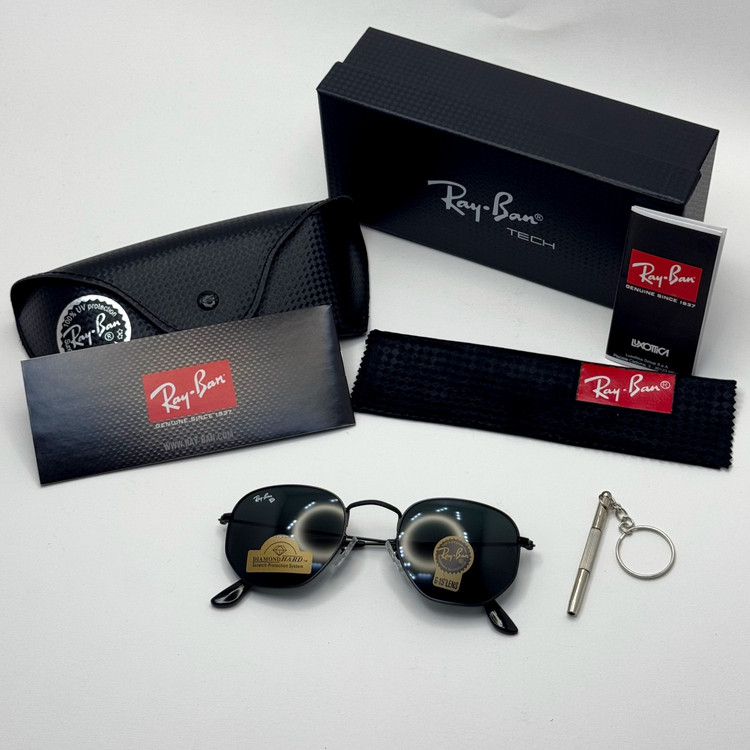 عینک ریبن هگزونال شیشه سنگ تمام مشکی به همراه پک کامل ریبن کد Rayban RB 3548 (ارسال رایگان)