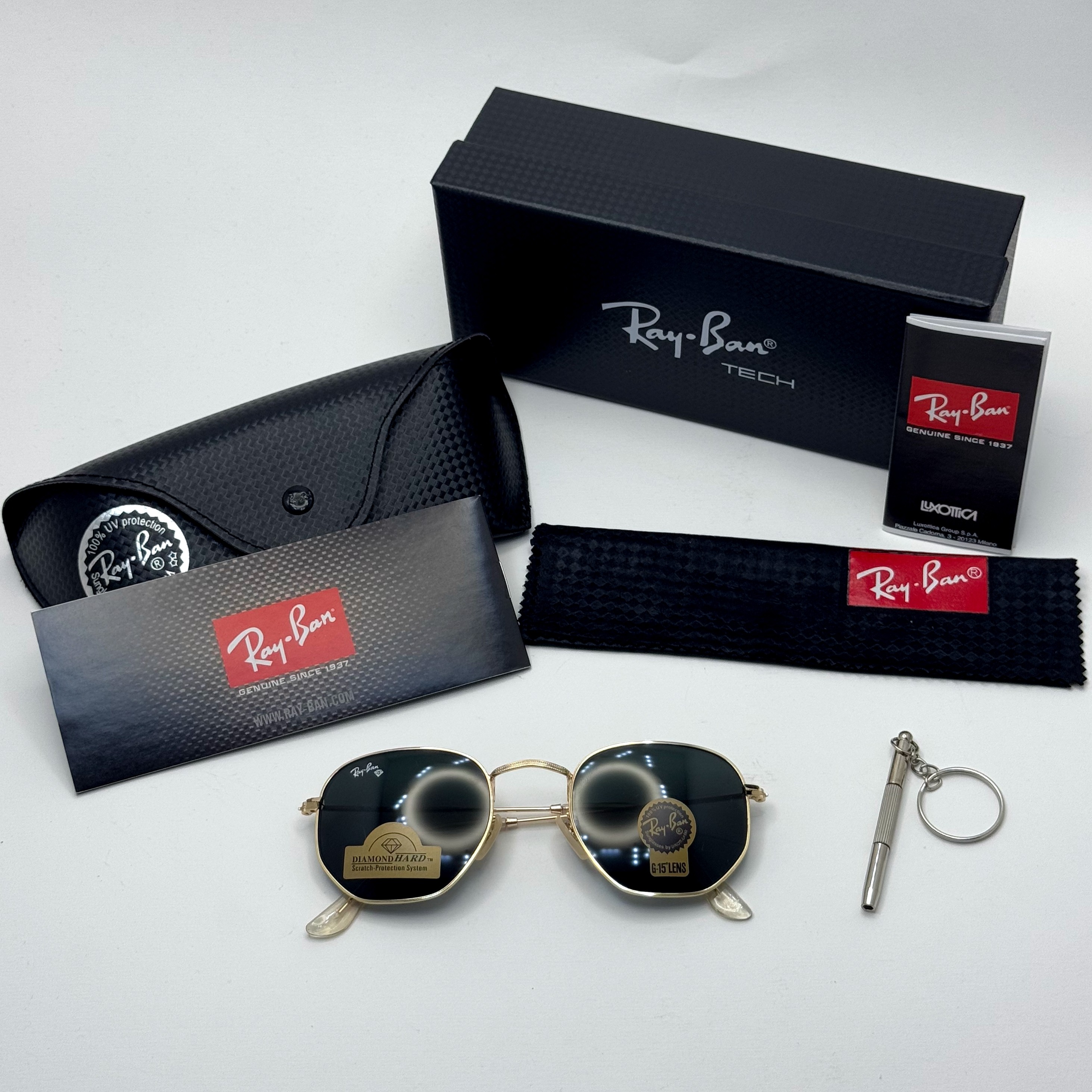 عینک ریبن هگزونال شیشه سنگ مشکی فریم طلایی به همراه پک کامل ریبن کد Rayban RB 3548 (ارسال رایگان)
