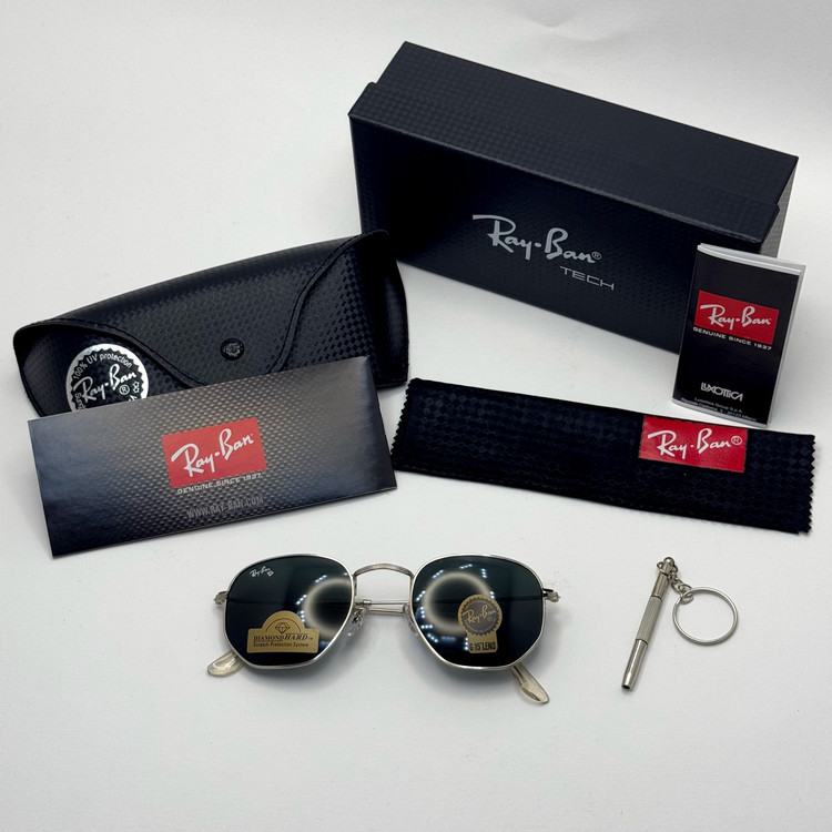 عینک ریبن هگزونال شیشه سنگ مشکی فریم نقره ای به همراه پک کامل ریبن کد Rayban RB 3548 (ارسال رایگان)