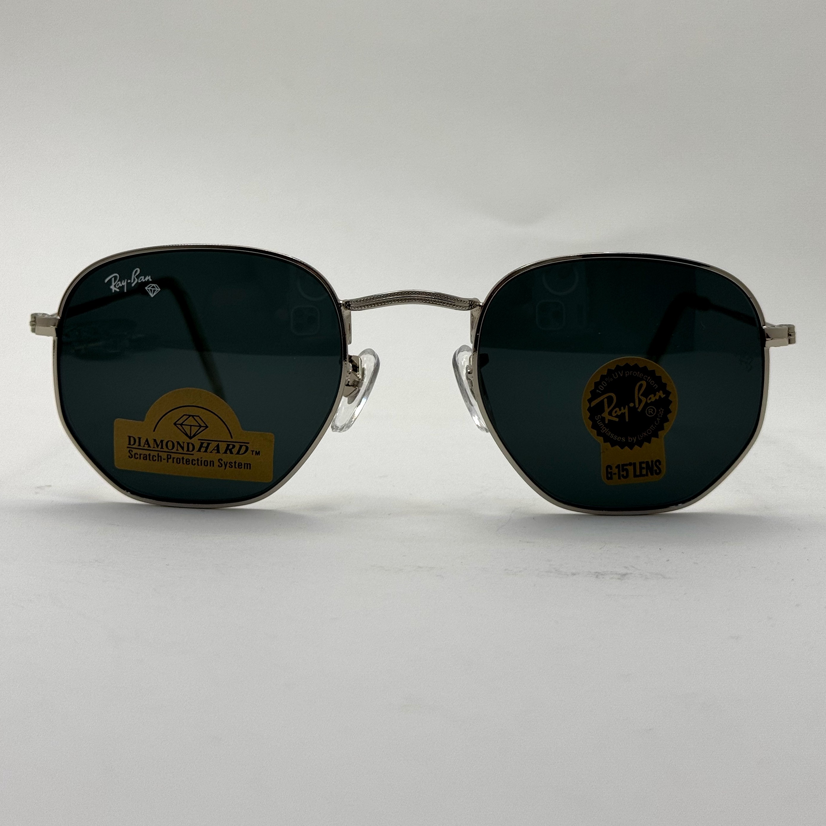 عینک ریبن هگزونال شیشه سنگ مشکی فریم نقره ای به همراه پک کامل ریبن کد Rayban RB 3548 (ارسال رایگان)