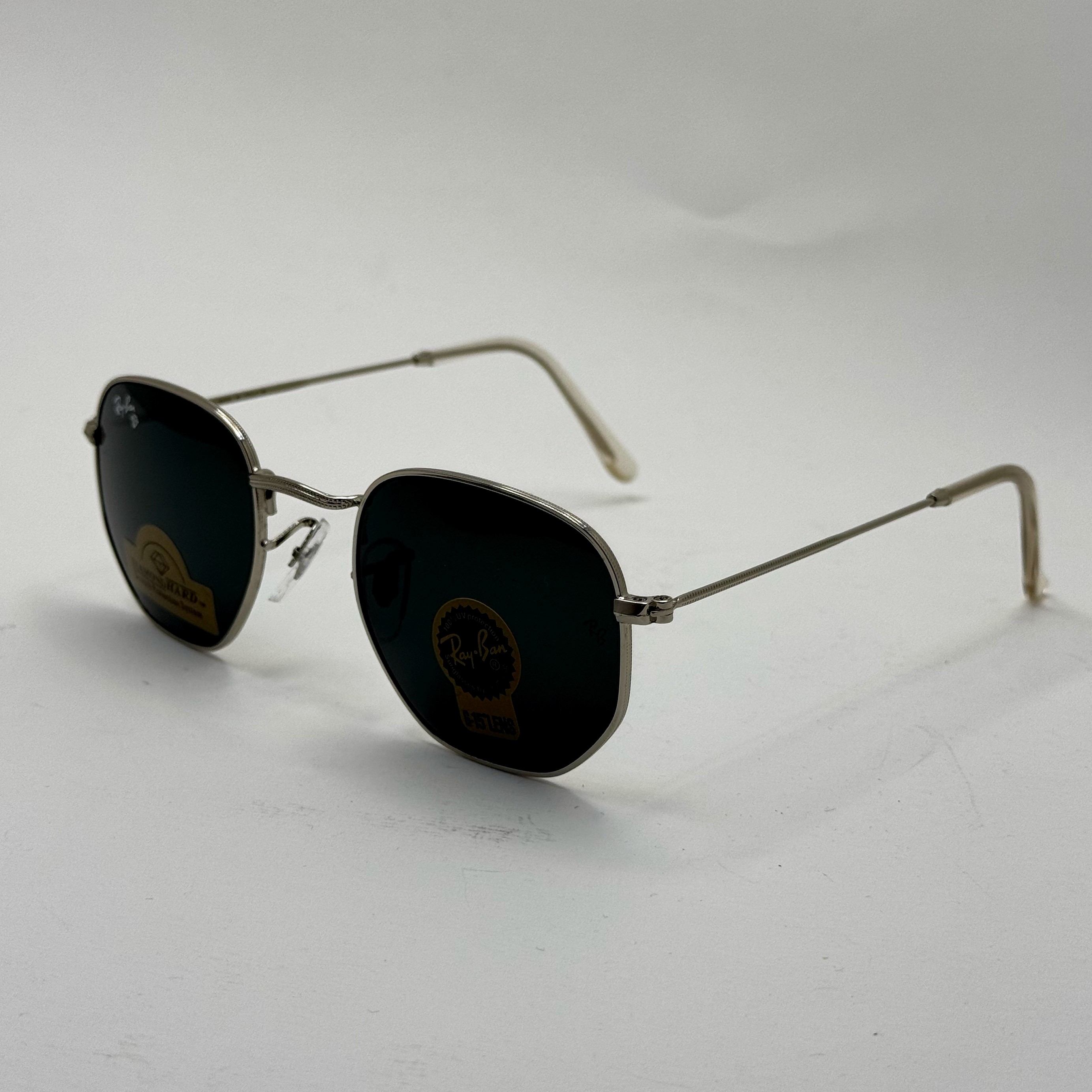 عینک ریبن هگزونال شیشه سنگ مشکی فریم نقره ای به همراه پک کامل ریبن کد Rayban RB 3548 (ارسال رایگان)