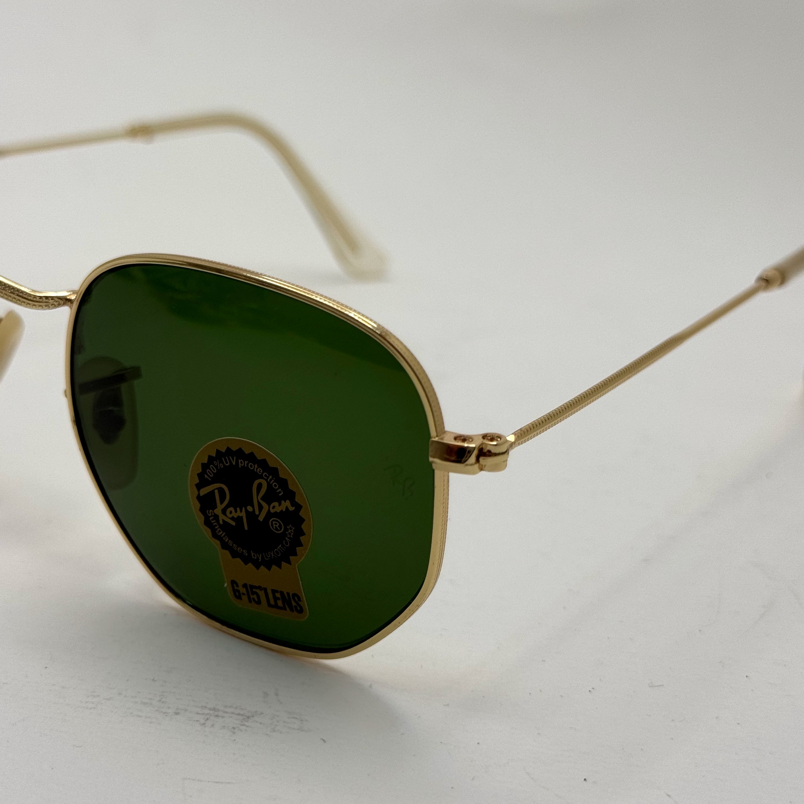 عینک ریبن هگزونال شیشه سنگ سیز فریم طلایی به همراه پک کامل ریبن کد Rayban RB 3548 (ارسال رایگان)