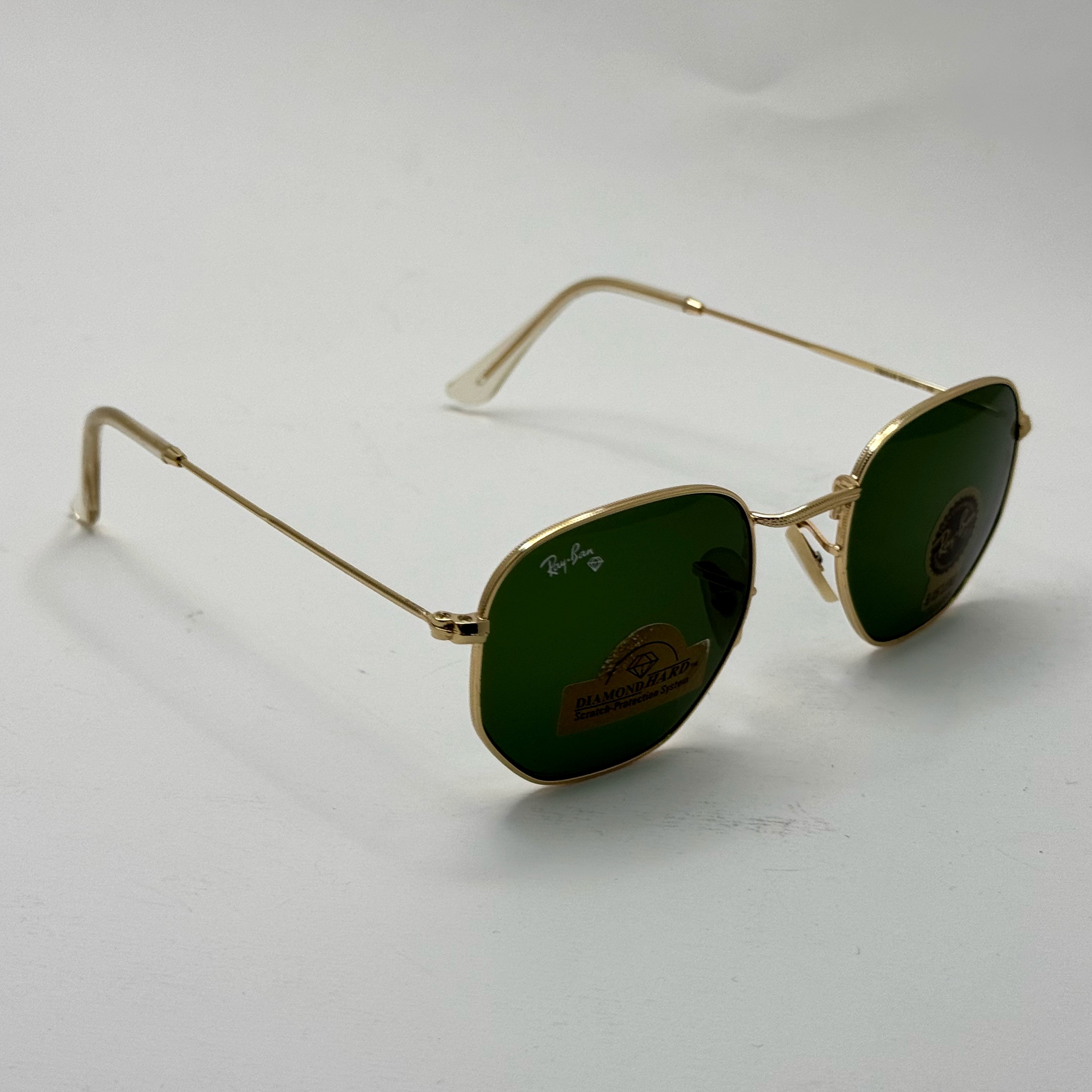عینک ریبن هگزونال شیشه سنگ سیز فریم طلایی به همراه پک کامل ریبن کد Rayban RB 3548 (ارسال رایگان)