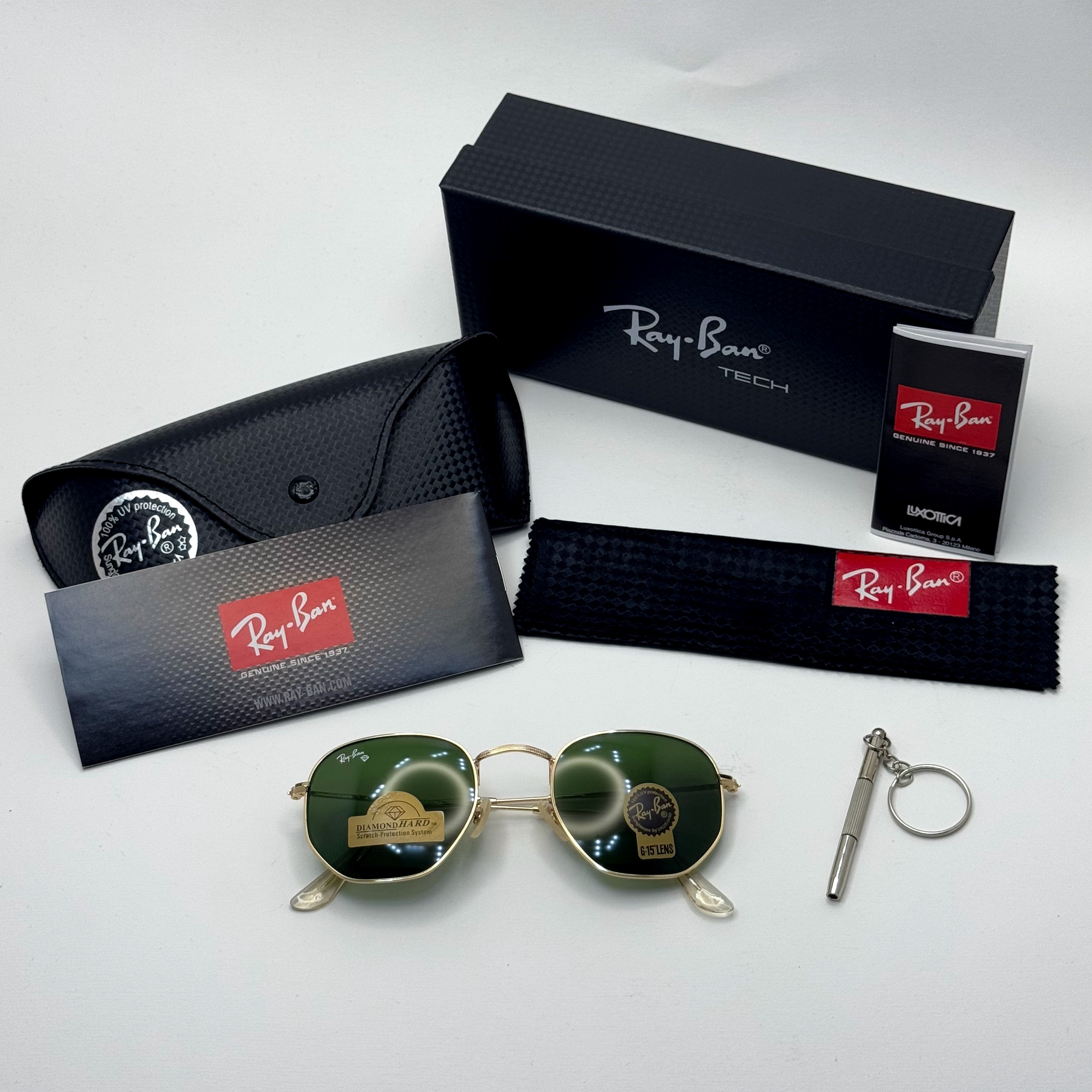 عینک ریبن هگزونال شیشه سنگ سیز فریم طلایی به همراه پک کامل ریبن کد Rayban RB 3548 (ارسال رایگان)