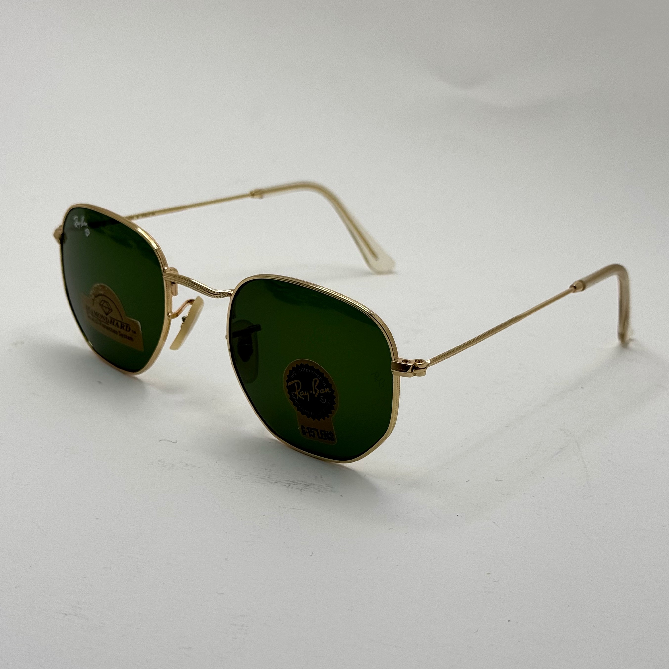 عینک ریبن هگزونال شیشه سنگ سیز فریم طلایی به همراه پک کامل ریبن کد Rayban RB 3548 (ارسال رایگان)
