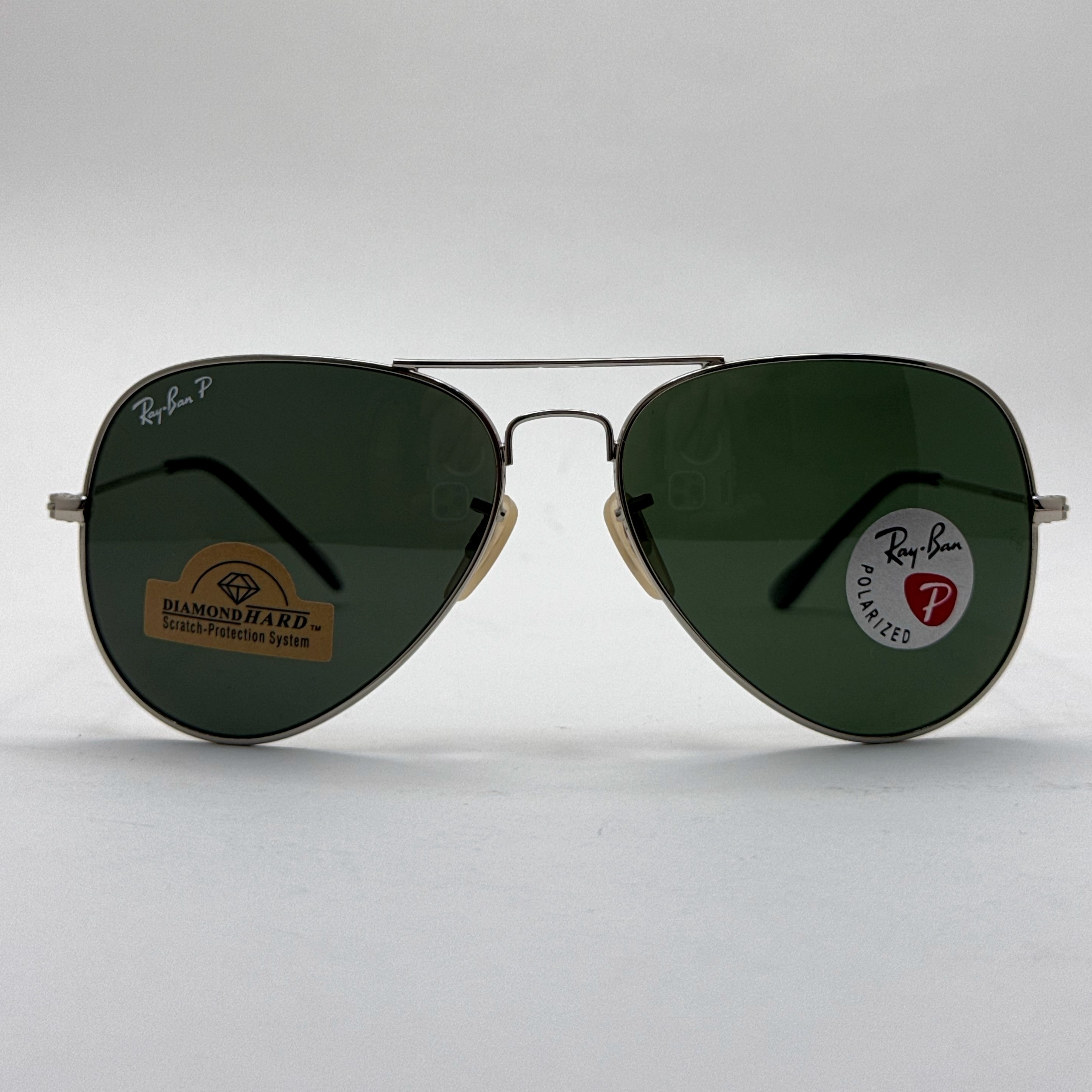 عینک ریبن خلبانی شیشه سنگ پلاریزه سبز با فریم نقره ای به همراه پک کامل ریبن کد Rayban RB 3026 (ارسال رایگان)