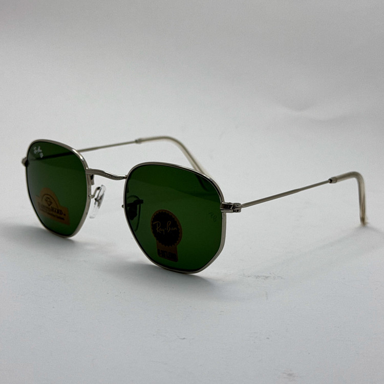 عینک ریبن هگزونال شیشه سنگ سبز فریم نقره ای به همراه پک کامل ریبن کد Rayban RB 3548 (ارسال رایگان)