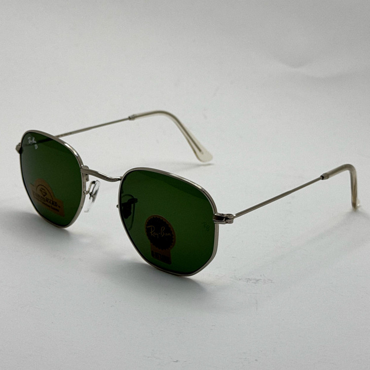 عینک ریبن هگزونال شیشه سنگ سبز فریم نقره ای به همراه پک کامل ریبن کد Rayban RB 3548 (ارسال رایگان)