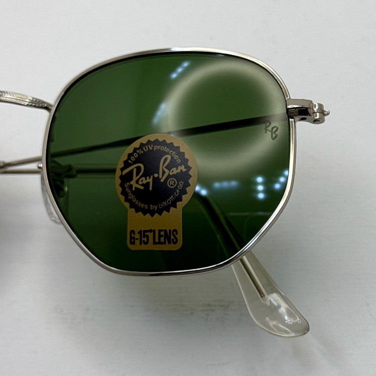 عینک ریبن هگزونال شیشه سنگ سبز فریم نقره ای به همراه پک کامل ریبن کد Rayban RB 3548 (ارسال رایگان)