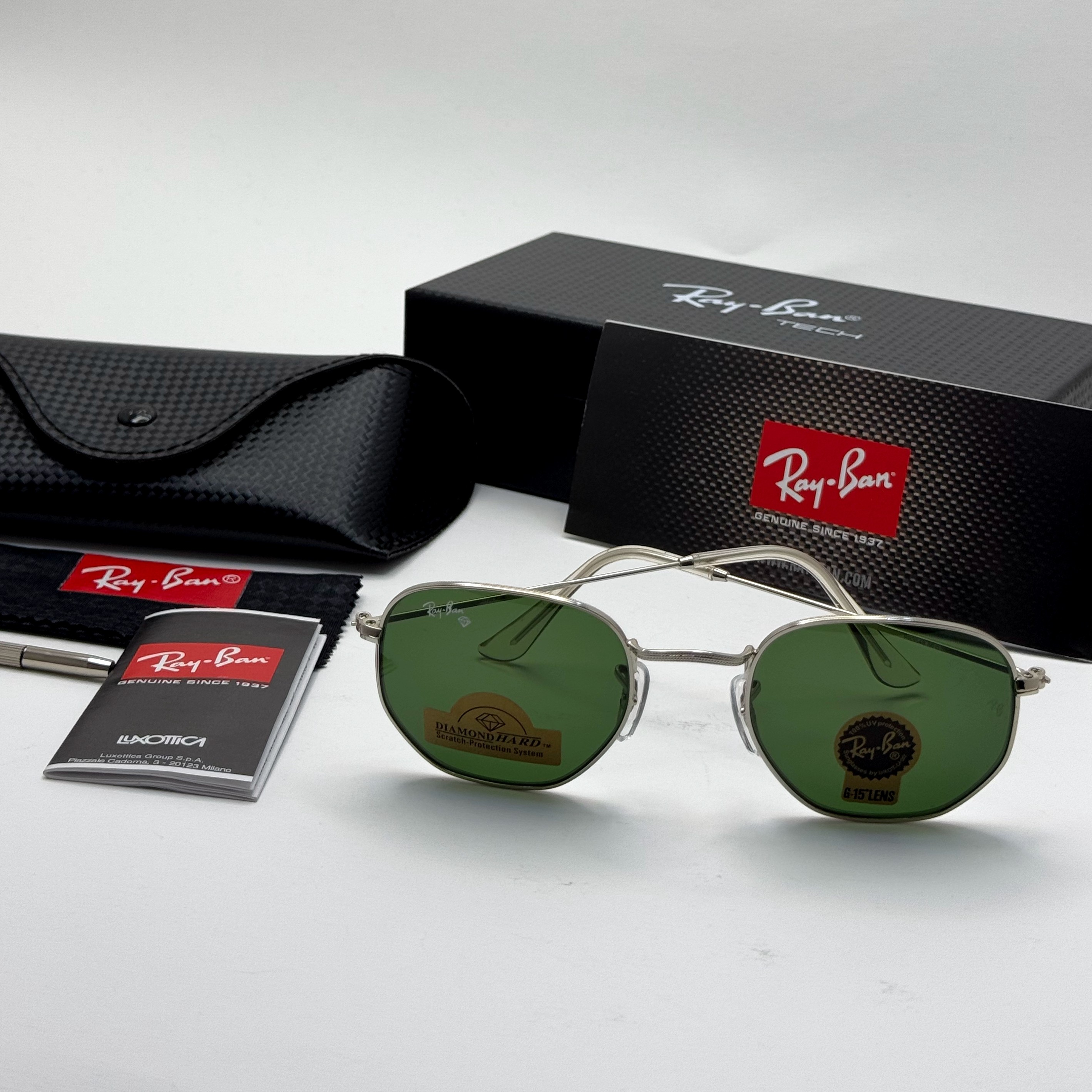 عینک ریبن هگزونال شیشه سنگ سبز فریم نقره ای به همراه پک کامل ریبن کد Rayban RB 3548 (ارسال رایگان)