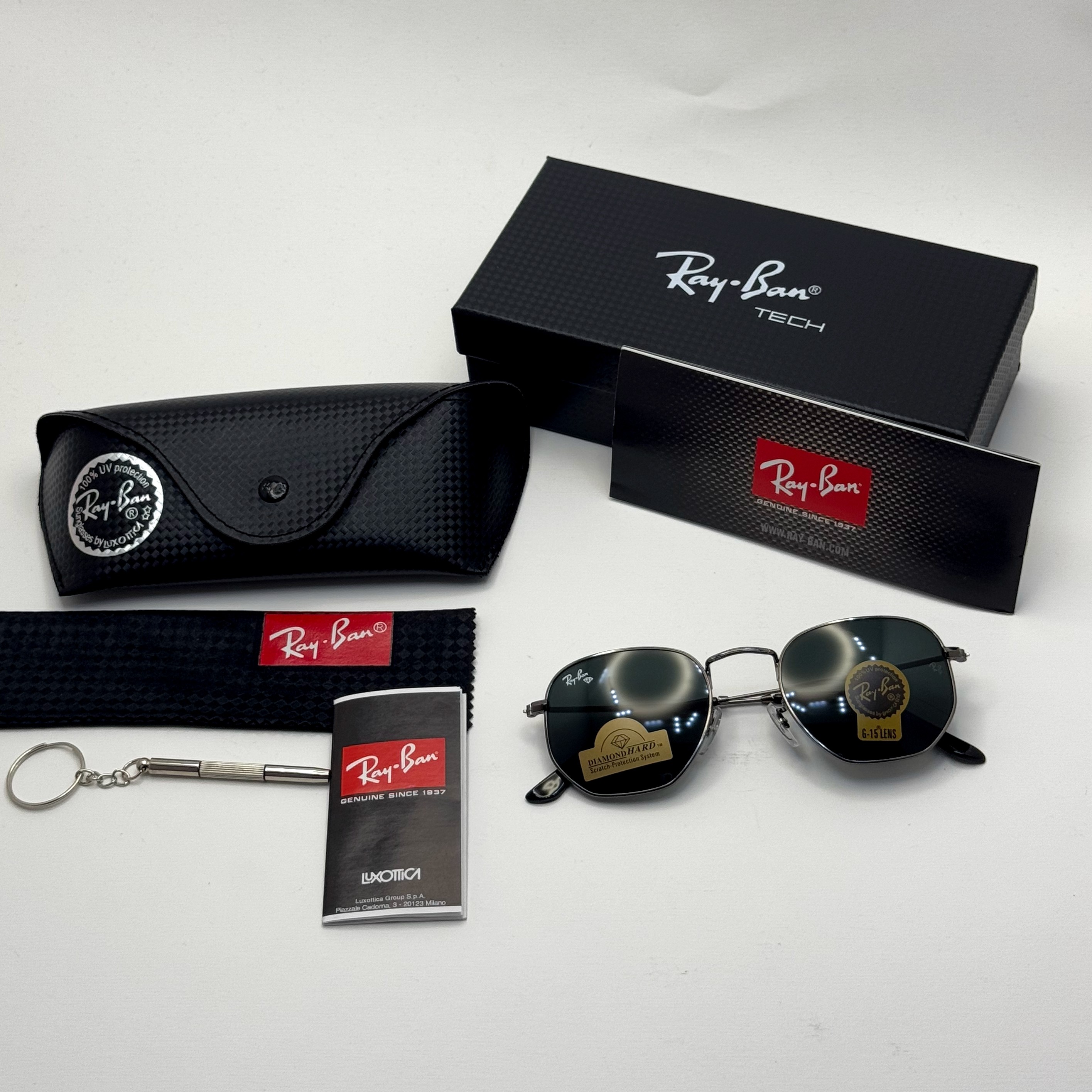 عینک ریبن هگزونال شیشه سنگ فریم نوک مدادی عدسی مشکی به همراه پک کامل ریبن کد Rayban RB 3548 (ارسال رایگان)