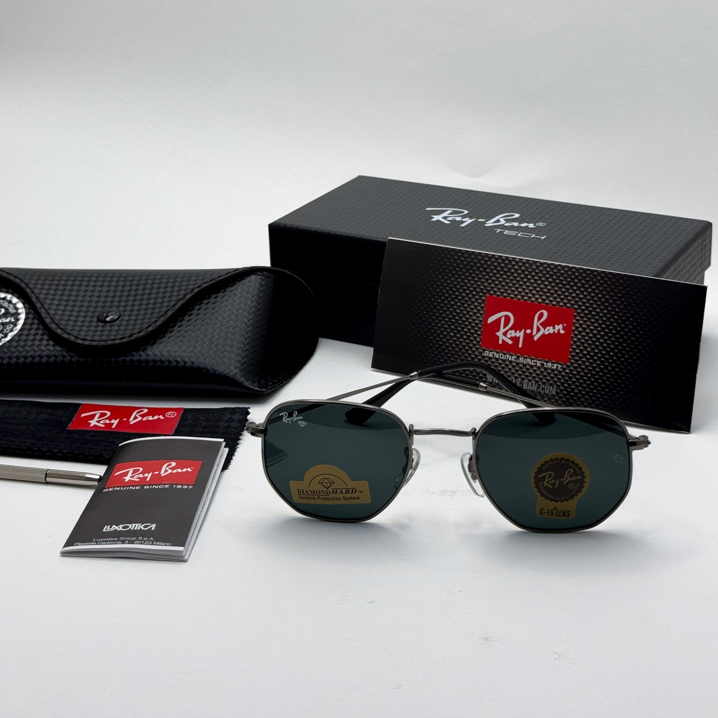 عینک ریبن هگزونال شیشه سنگ فریم نوک مدادی عدسی مشکی به همراه پک کامل ریبن کد Rayban RB 3548 (ارسال رایگان)