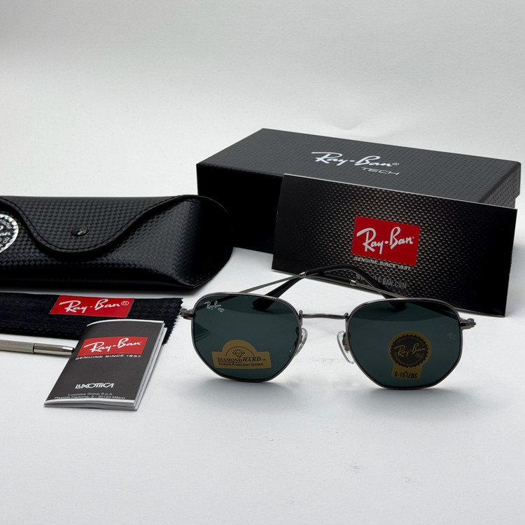 عینک ریبن هگزونال شیشه سنگ فریم نوک مدادی عدسی مشکی به همراه پک کامل ریبن کد Rayban RB 3548 (ارسال رایگان)