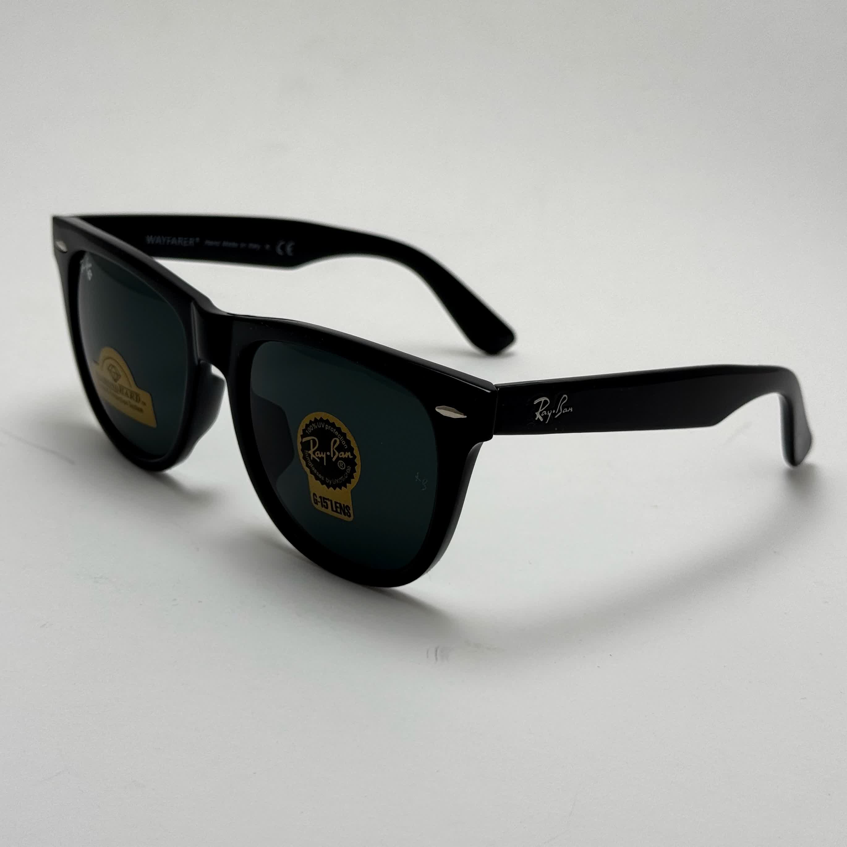 عینک آفتابی ریبن ویفرر شیشه سنگ مشکی براق به همراه پک کامل ریبن Rayban WAYFARER RB 2140 سایز 54 (ارسال رایگان)