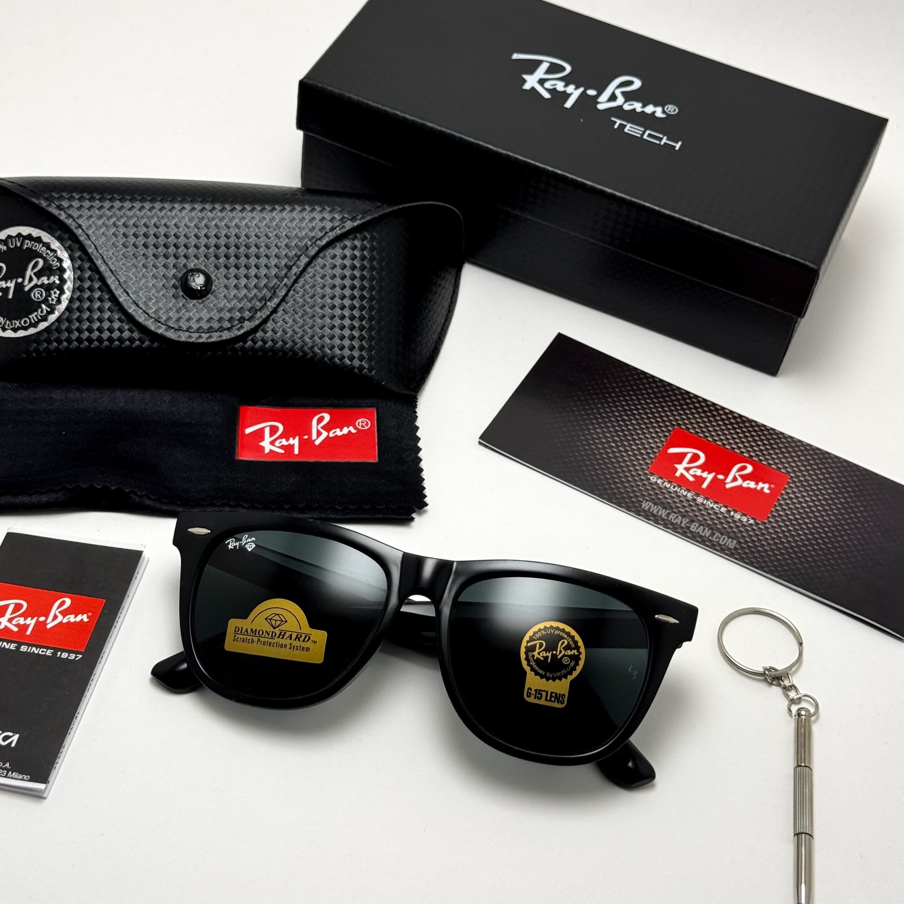 عینک آفتابی ریبن ویفرر شیشه سنگ مشکی براق به همراه پک کامل ریبن Rayban WAYFARER RB 2140 سایز 54 (ارسال رایگان)