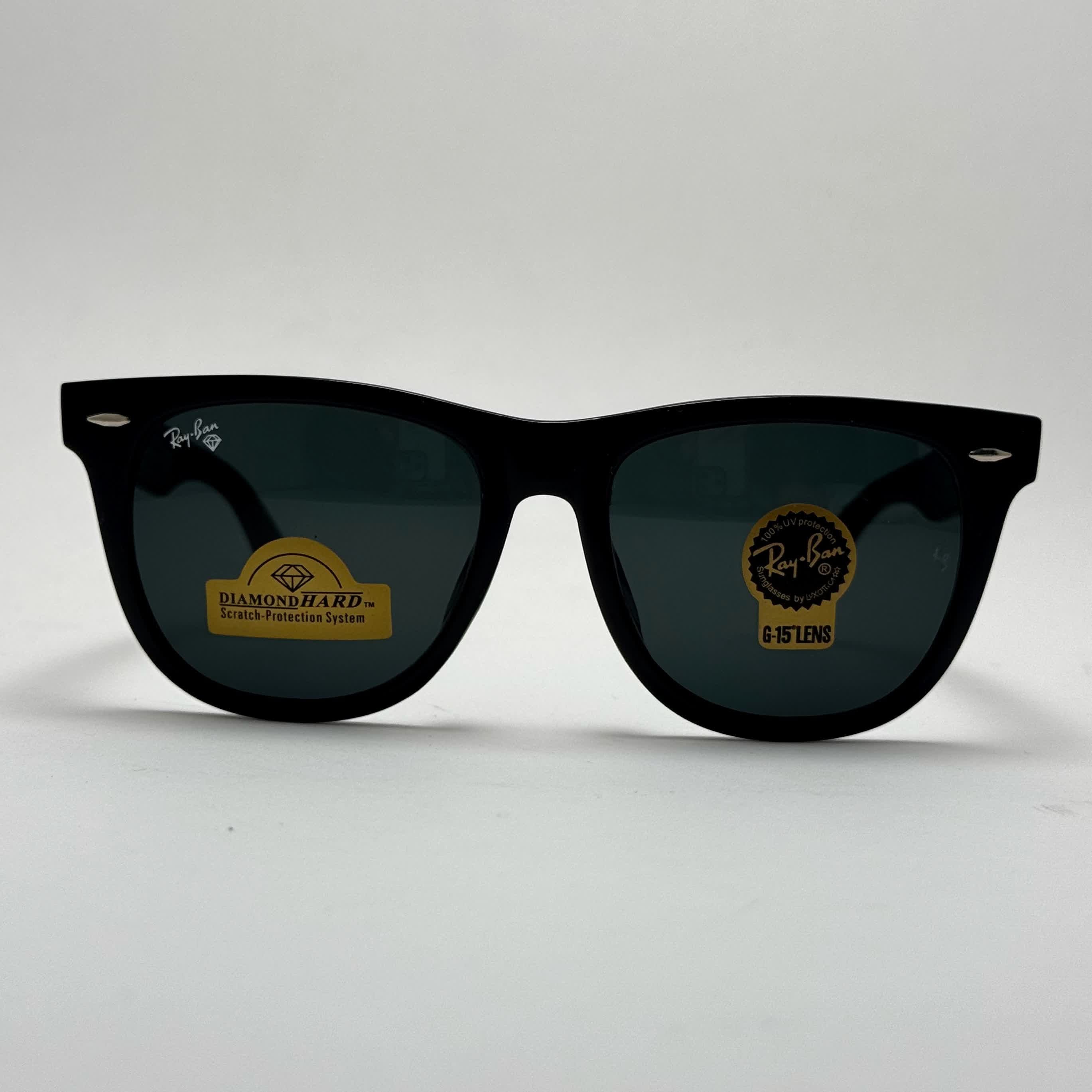 عینک آفتابی ریبن ویفرر شیشه سنگ مشکی براق به همراه پک کامل ریبن Rayban WAYFARER RB 2140 سایز 54 (ارسال رایگان)
