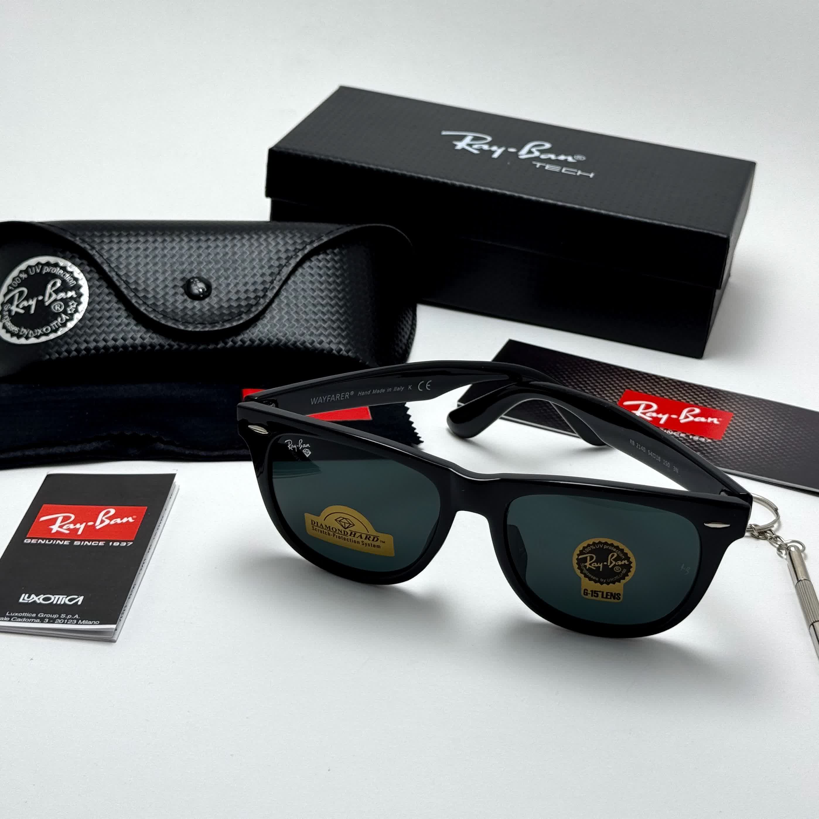 عینک آفتابی ریبن ویفرر شیشه سنگ مشکی براق به همراه پک کامل ریبن Rayban WAYFARER RB 2140 سایز 54 (ارسال رایگان)