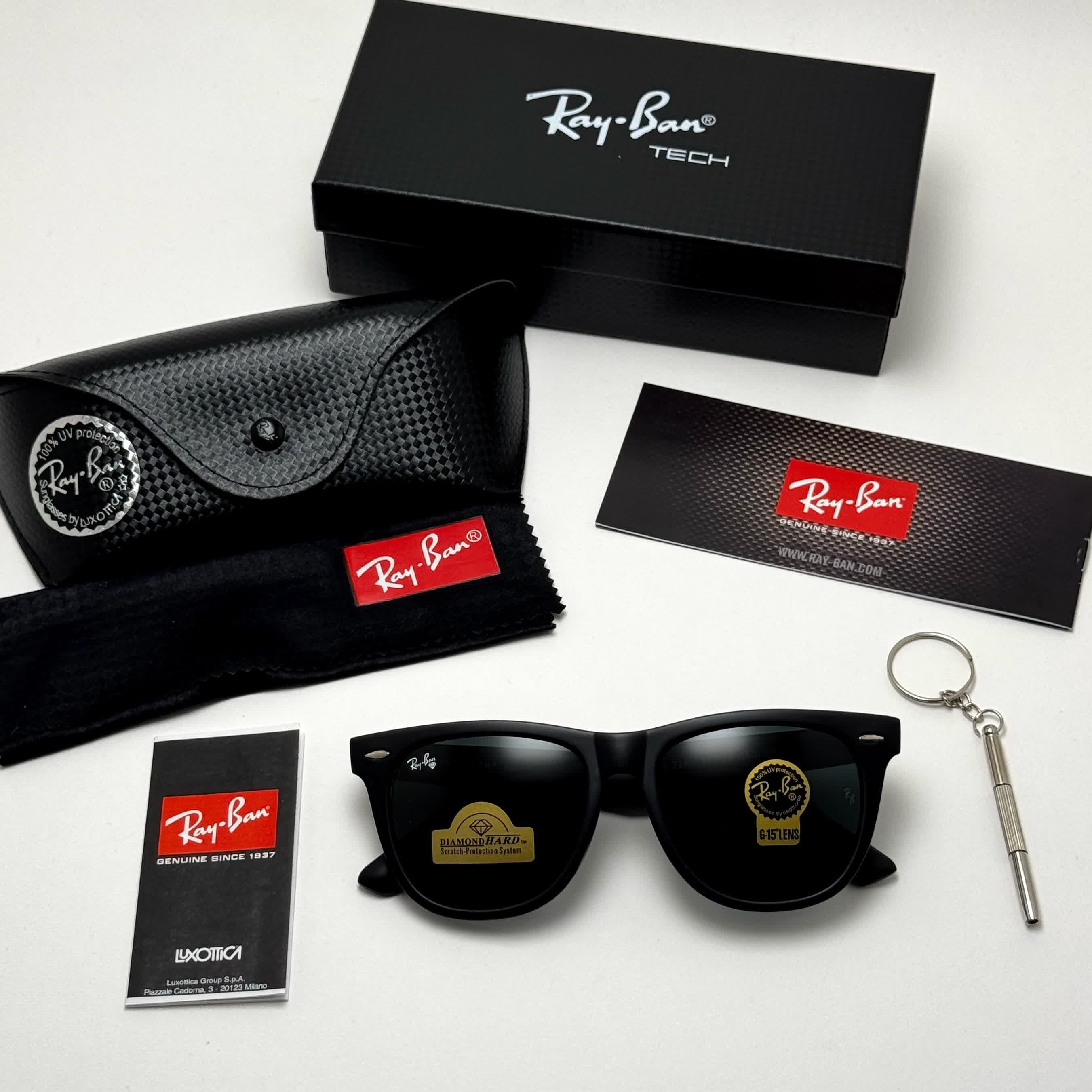 عینک آفتابی ریبن ویفرر شیشه سنگ مشکی به همراه پک کامل ریبن Rayban WAYFARER RB 2140 سایز 54 (ارسال رایگان)