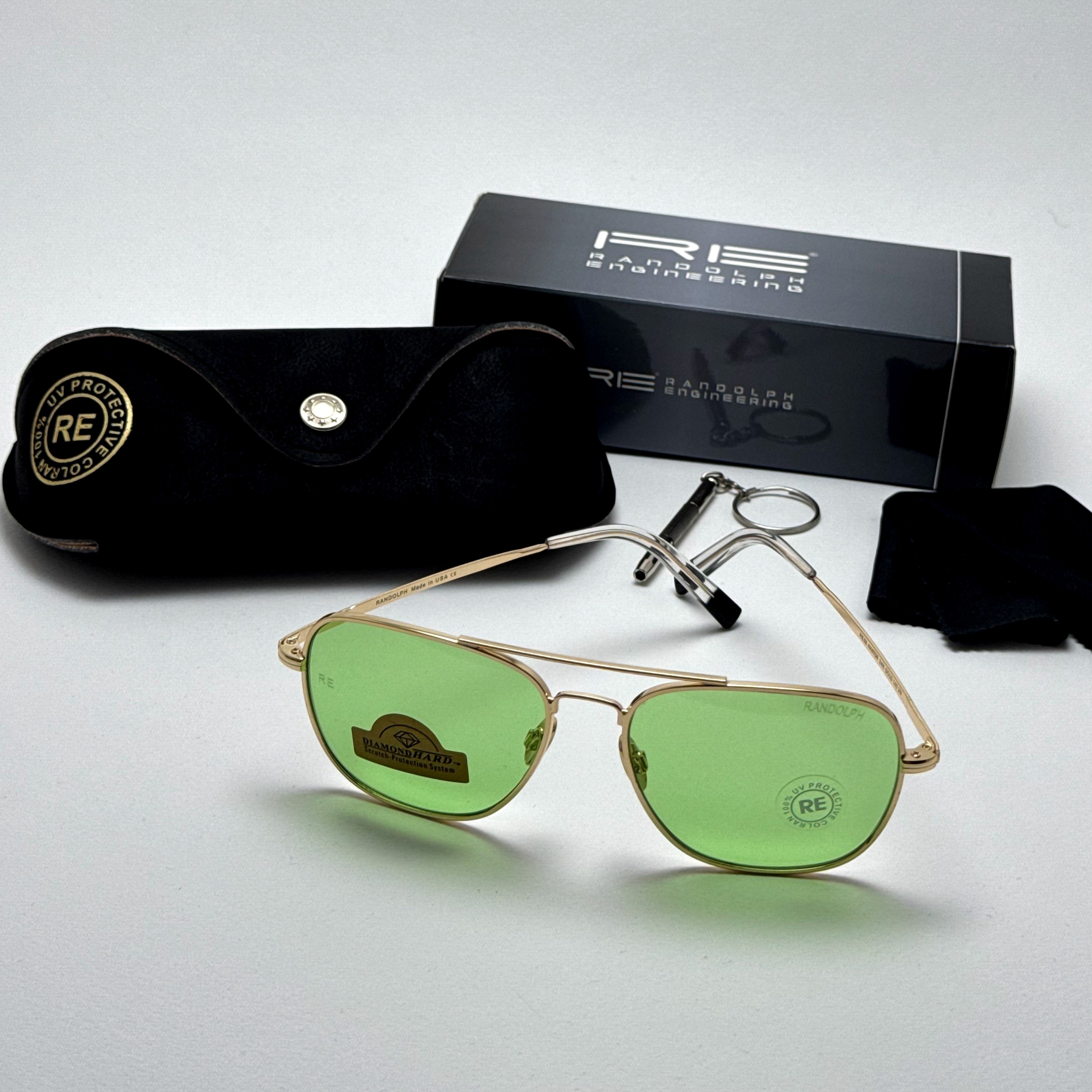 عینک شب و آفتابی خلبانی رندولف شیشه سنگ سبز فریم طلایی فول پک اصلی RANDOLPH AVIATOR RE 58 24K GOLD (ارسال رایگان)