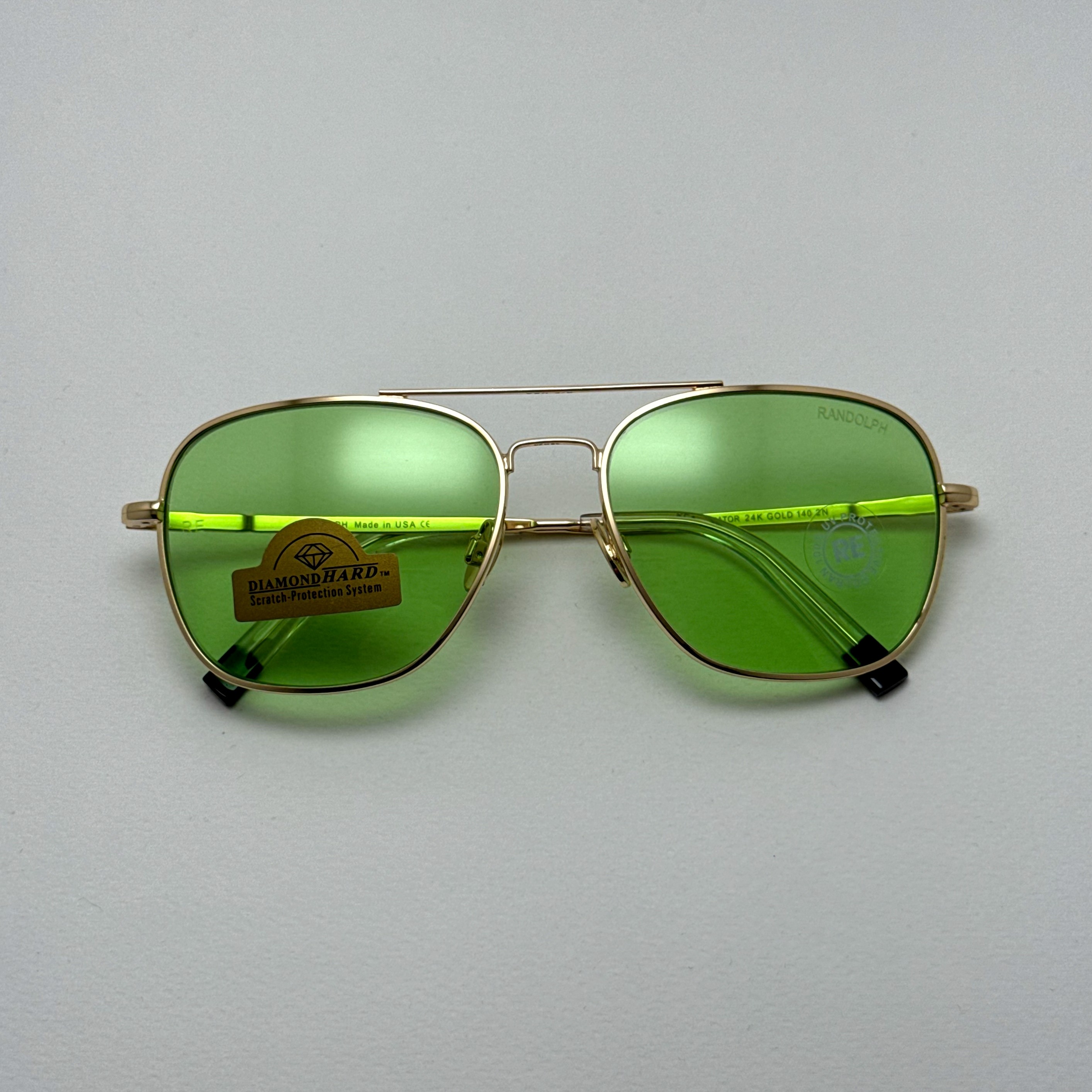 عینک شب و آفتابی خلبانی رندولف شیشه سنگ سبز فریم طلایی فول پک اصلی RANDOLPH AVIATOR RE 58 24K GOLD (ارسال رایگان)