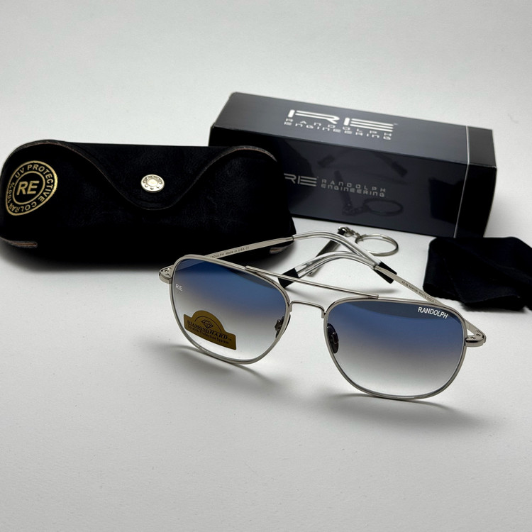 عینک آفتابی خلبانی رندولف شیشه سنگ آنتی رفلکس آبی هایلایت نقره ای فول پک RANDOLPH AVIATOR RE 58 24K WHITE GOLD (ارسال