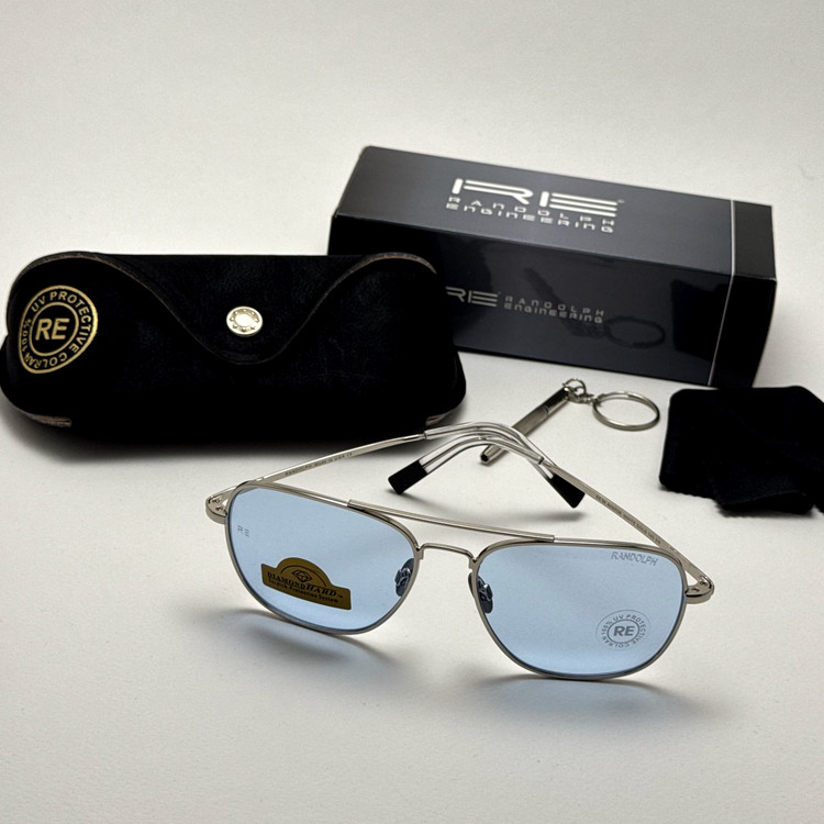 عینک شب و آفتابی خلبانی رندولف شیشه سنگ آبی آسمانی نقره ای فول پک RANDOLPH AVIATOR RE 58 24K WHITE GOLD (ارسال رایگان)