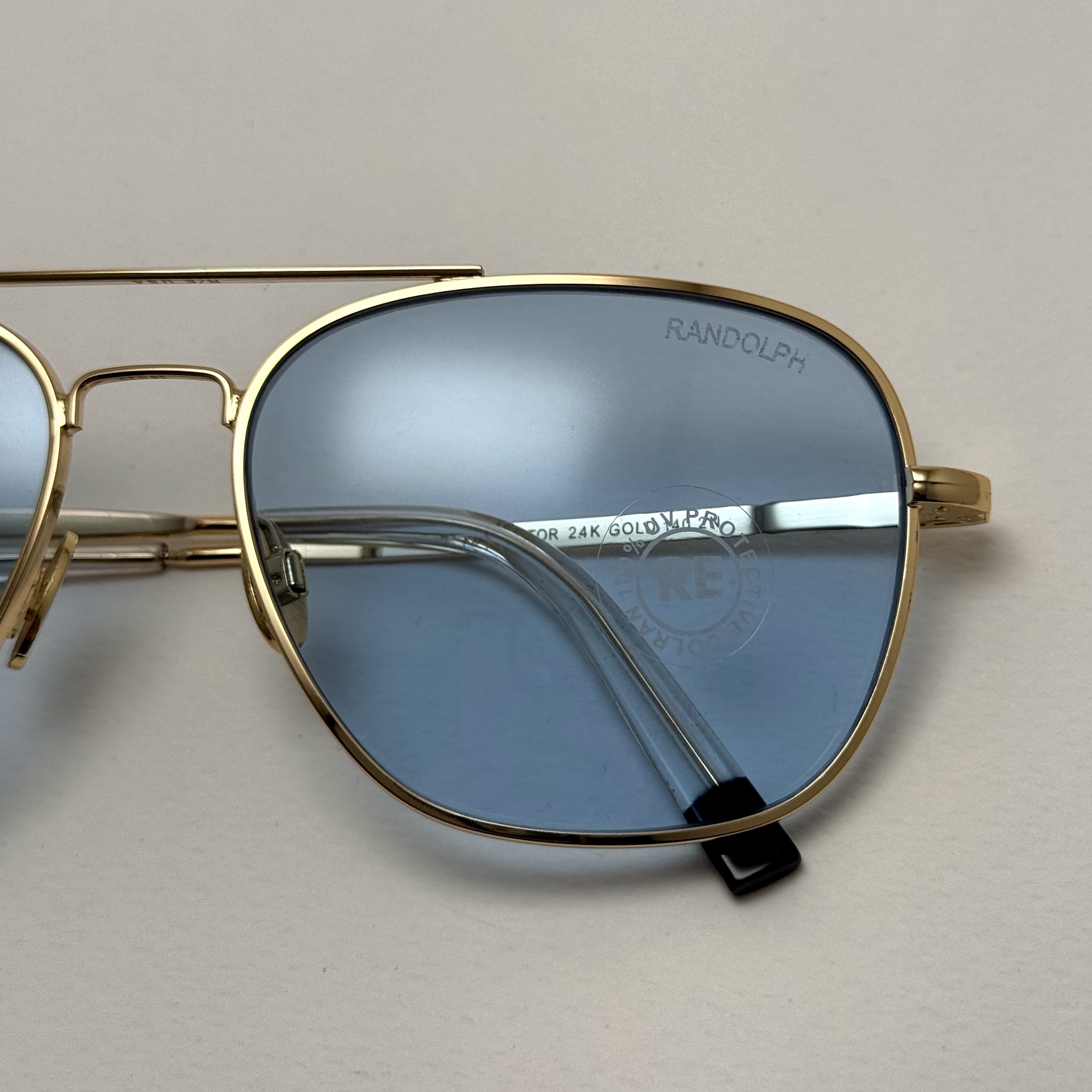 عینک آفتابی خلبانی رندولف شیشه سنگ آبی آسمانی طلایی فول پک RANDOLPH AVIATOR RE 58 24K GOLD