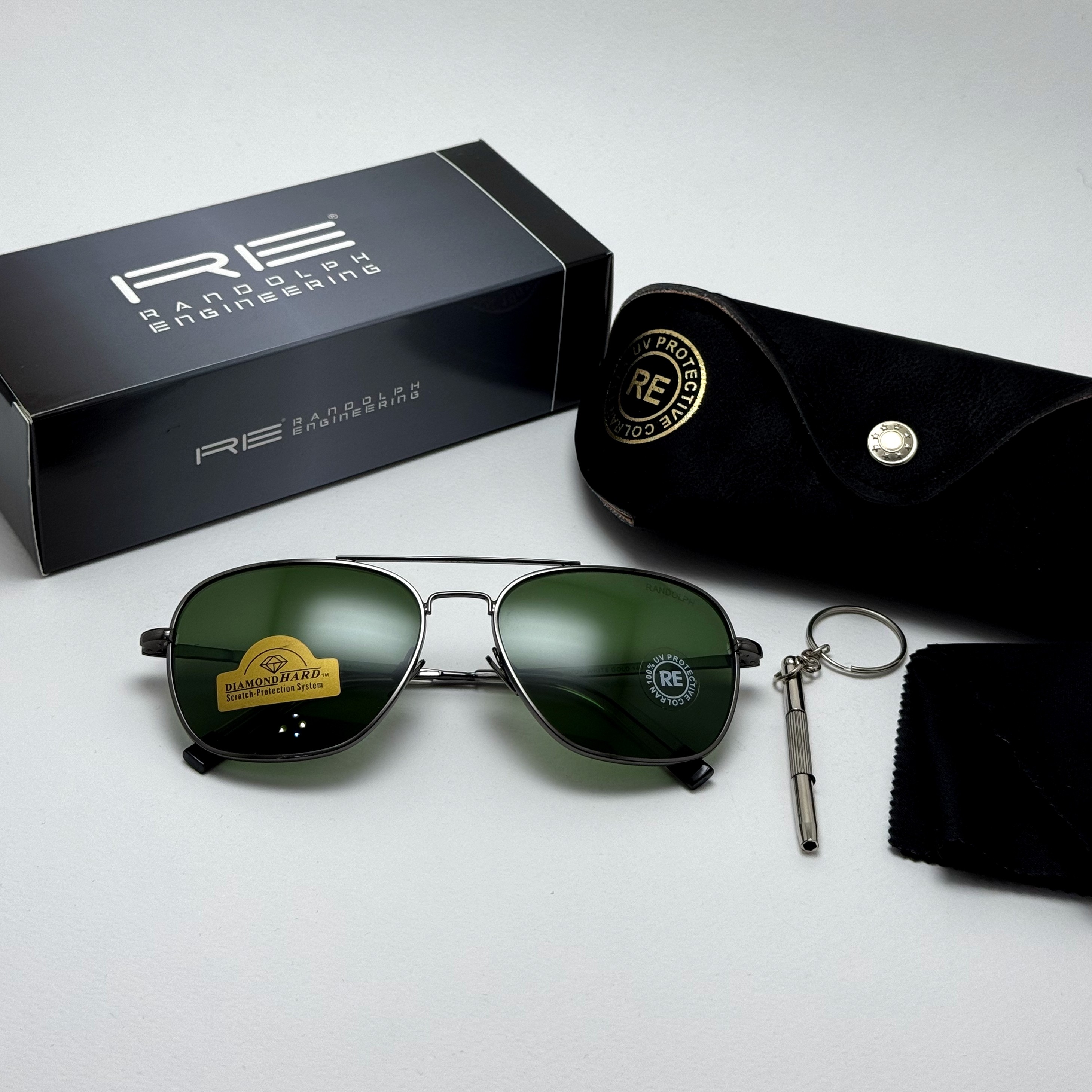 عینک آفتابی خلبانی رندولف شیشه سنگ آنتی رفلکس سبز فریم نوک مدادی فول پک RANDOLPH AVIATOR RE 58 24K (ارسال رایگان)