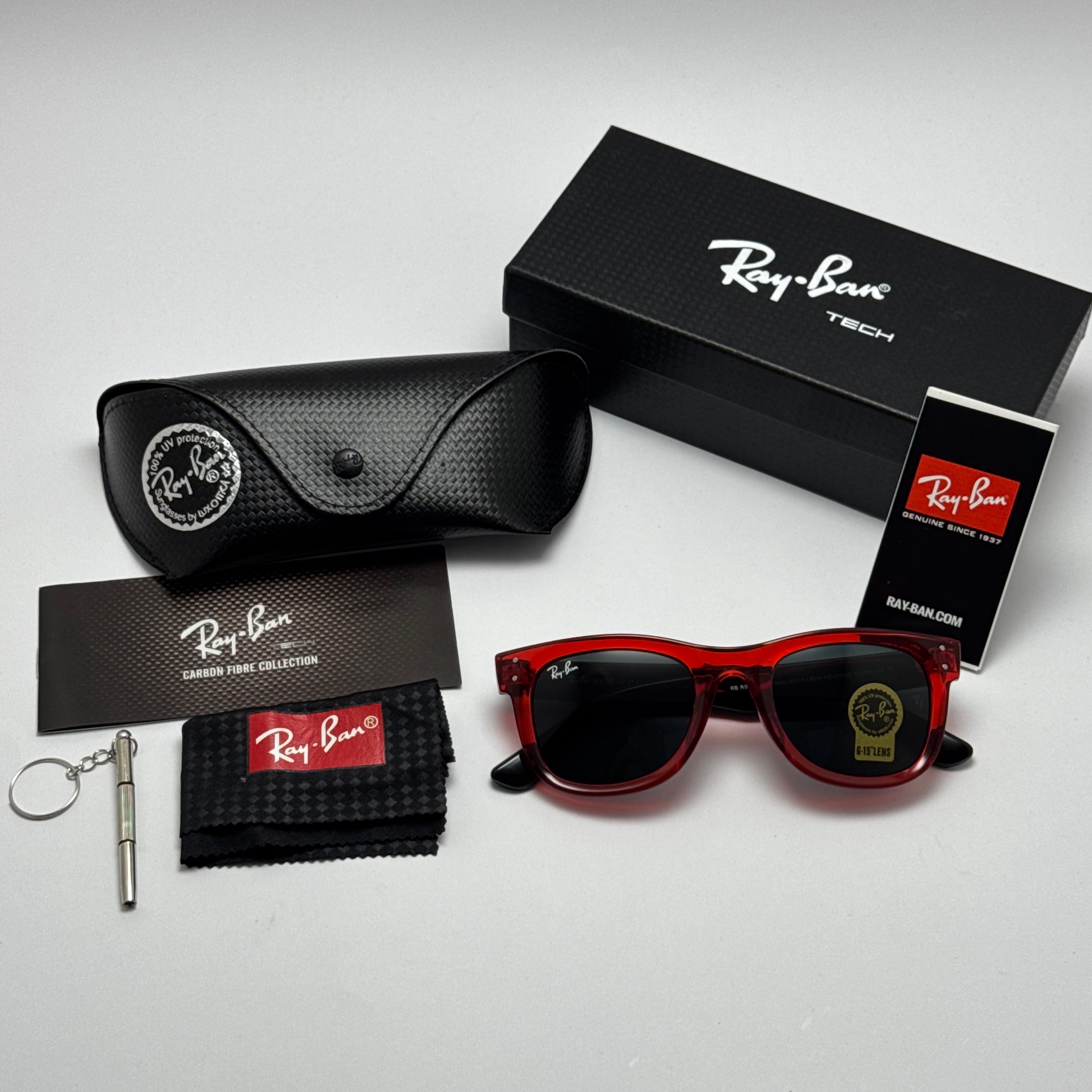 عینک آفتابی ریبن ویفرر شیشه سنگ مشکی قرمز به همراه پک کامل ریبن Rayban WAYFARER RB 0502S (ارسال رایگان)